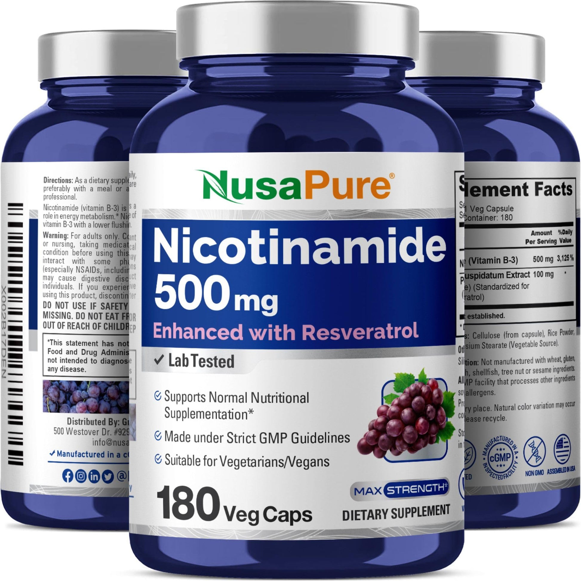 NusaPure Nicotinamide with Resveratrol (Vitamin B-3) 500 mg - 180 Vegetarian Caps (Non-GMO & Vegan) NusaPure uk supplements