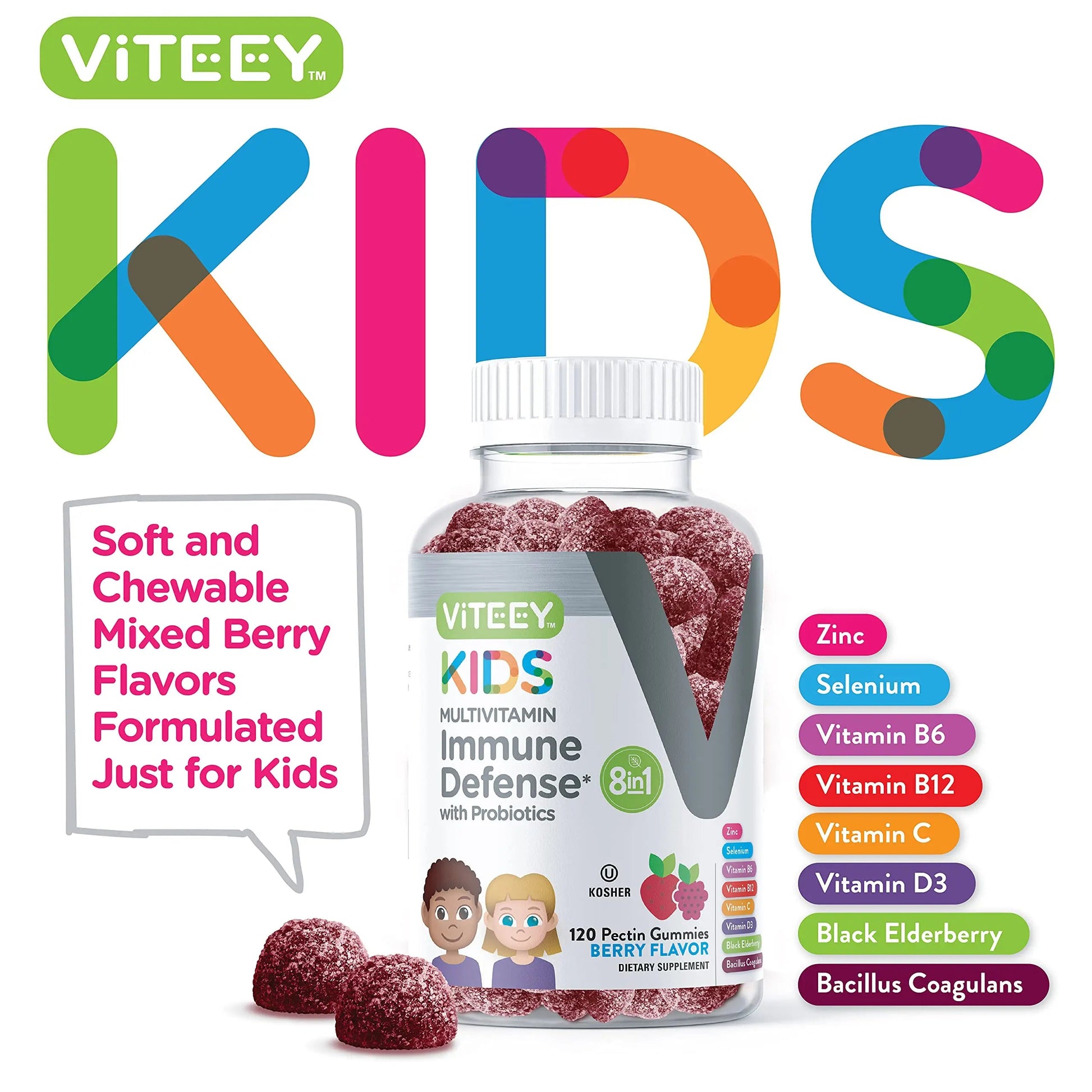 Viteey Kids Multivitamin Gummies with Probiotics - 8-1 Kids Vitamins for Immune Health Support with Vitamin C, D3, B12, B6 Viteey uk supplements