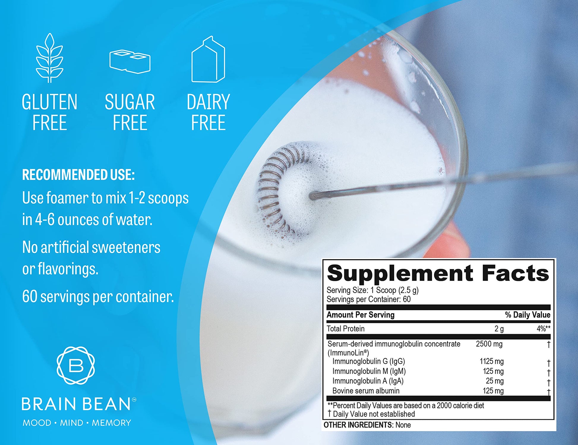 Brain Basics Ultra Pure IgG Supplement - Dairy-Free Supplement IgG-Immunolin Powder, Blended Vitamin & Mineral Supplements, 150g, 60 Servings Brain Bean uk supplements