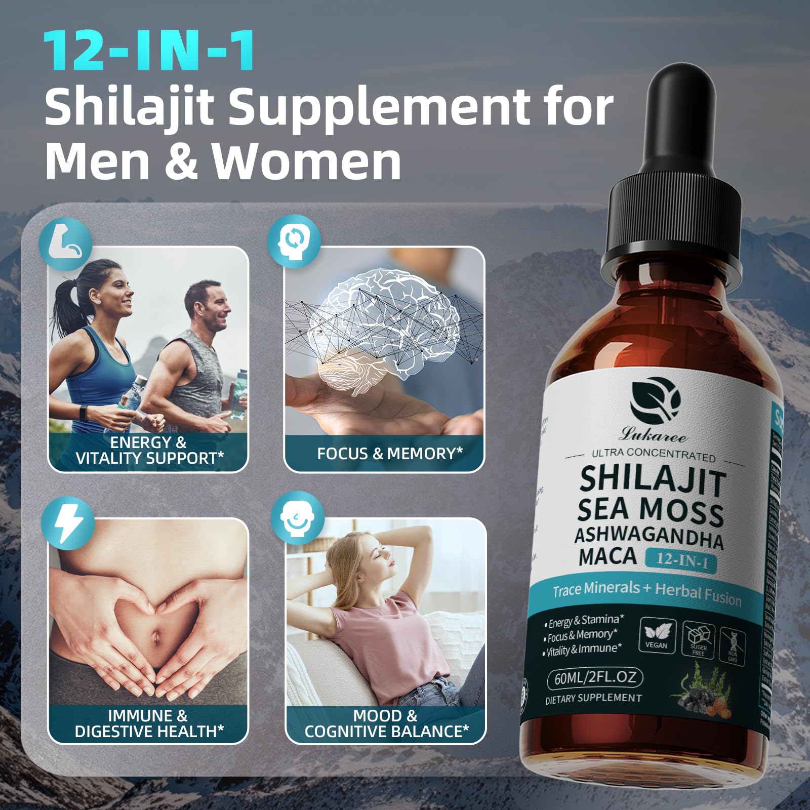 Shilajit Liquid Drops, 12-in-1 Complex - Sea Moss, Ashwagandha, Maca, Fulvic Acid, Trace Minerals, Liquid Vitamins Supplement for Men and Women, Energy, Antioxidant, Immune Support, 60ML/2 FL Oz Lukaree uk supplements