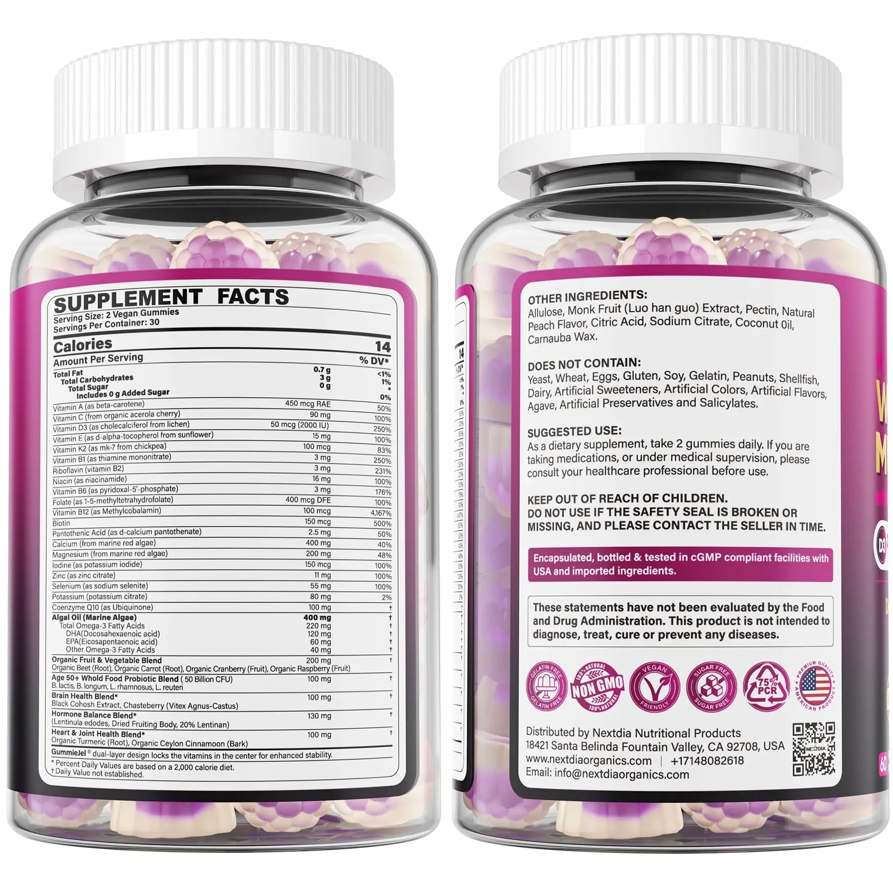 Multivitamin for Women 50 Plus Gummies, Vegan Omega 3, Methylfolate, Calcium, D3 K2, CoQ10, Daily Vitamin A C E, Methylated B12, Biotin, B Complex Nextdia uk supplements
