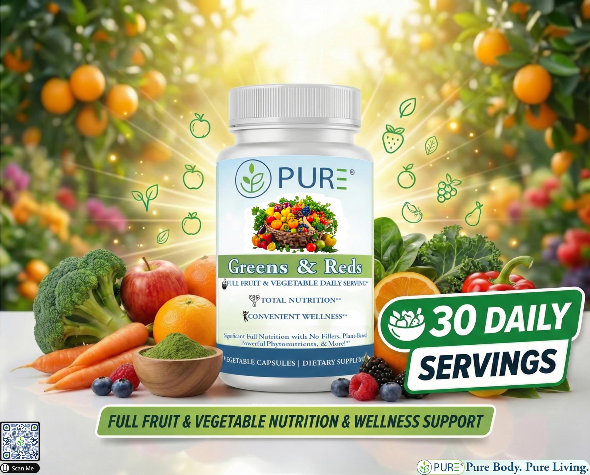 PURE® Greens & Reds Capsules - 30 Servings - 9 Daily Servings of Fruits & Vegetables in 1 Capsule - PhytoServ® Superfood Blend with Broccoli, Kale & Berries - Plant-Based Phytonutrient Shield PURE uk supplements