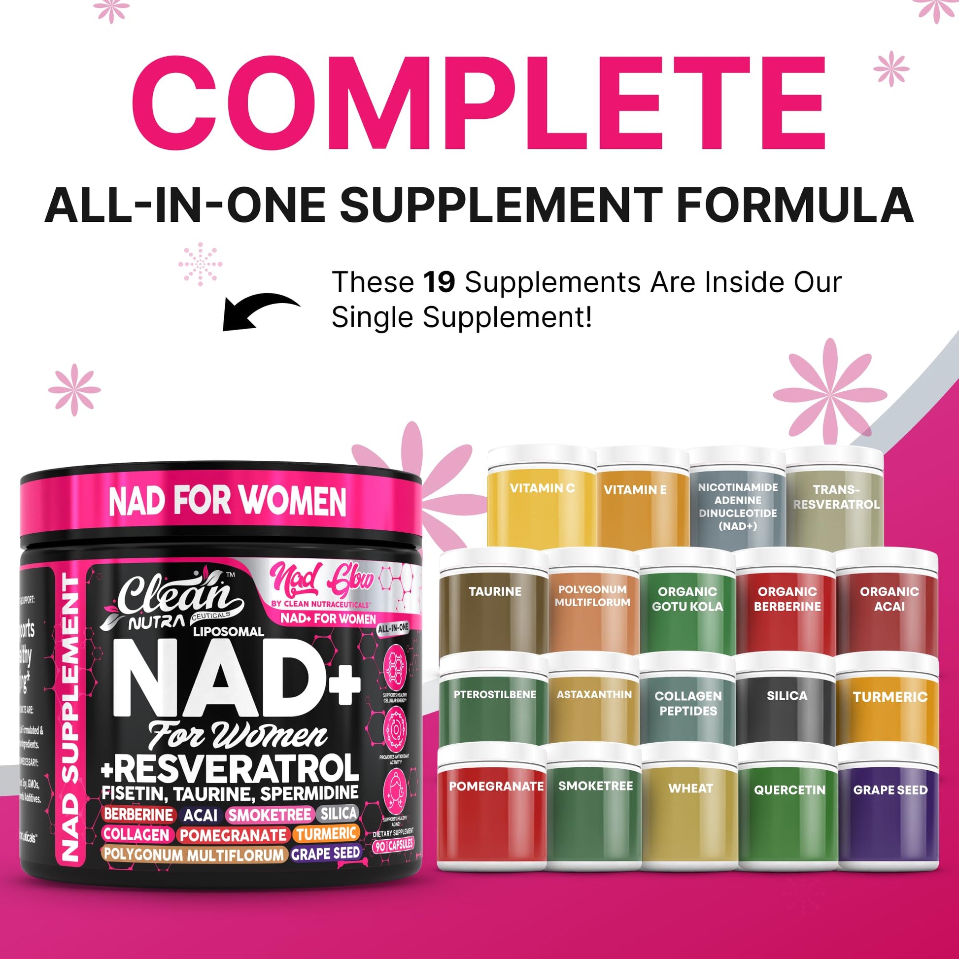 NAD+ Resveratrol Supplement for Women NAD Turmeric Vitamin C Acai Pomegranate Collagen Peptides Nicotinamide Riboside Fisetin Vitamin E Polygonum Multiflorum Berberine 90 Capsules by Clean Nutra Clean Nutraceuticals uk supplements