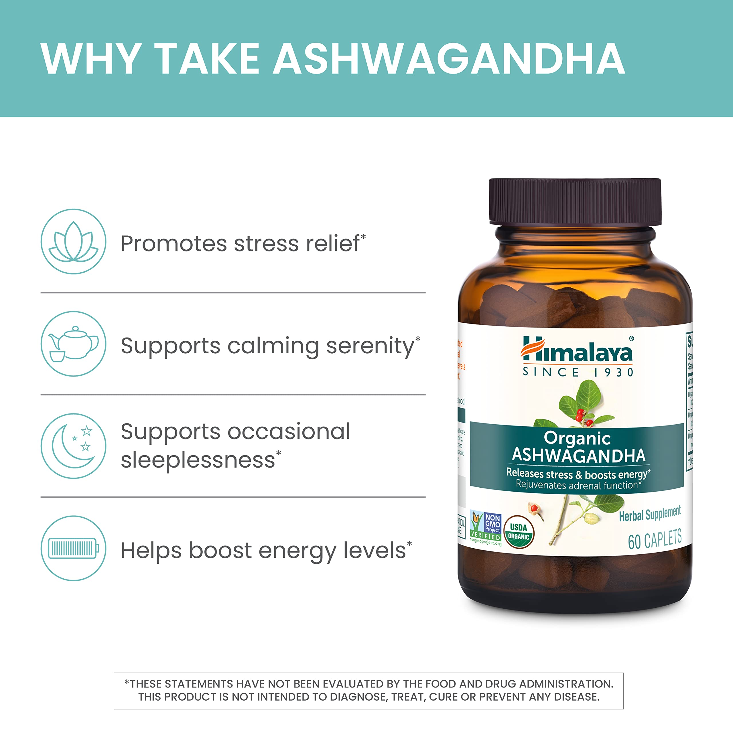 Himalaya Organic Ashwagandha Root, 120 Day Supply - Herbal Adrenal Support Supplements for Stress Relief and Energy Support - USDA Organic, Non-GMO, Vegan, Gluten Free, 60 Caplets, 2 Pack Himalaya uk supplements