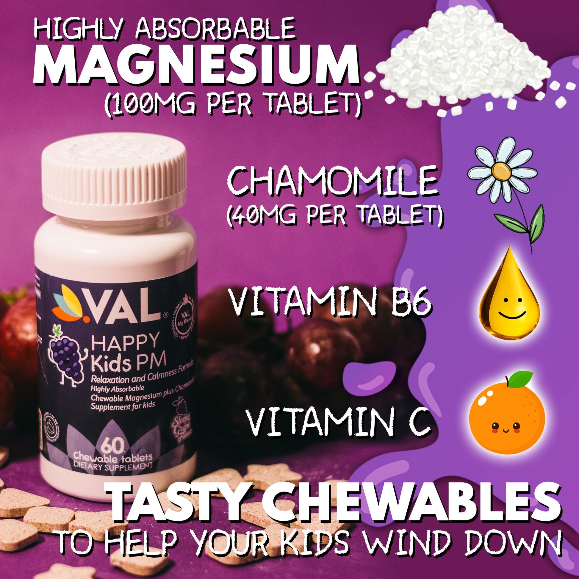 VAL Kids PM Magnesium Gummies | Sugar-Free Chewable Tablets with Chamomile, Magnesium Glycinate + Citrate + Taurate | Vitamin B6 & C | Natural Grape Flavor | Sleep & Calm Support | 60 Ct | Ages 4+ VAL uk supplements