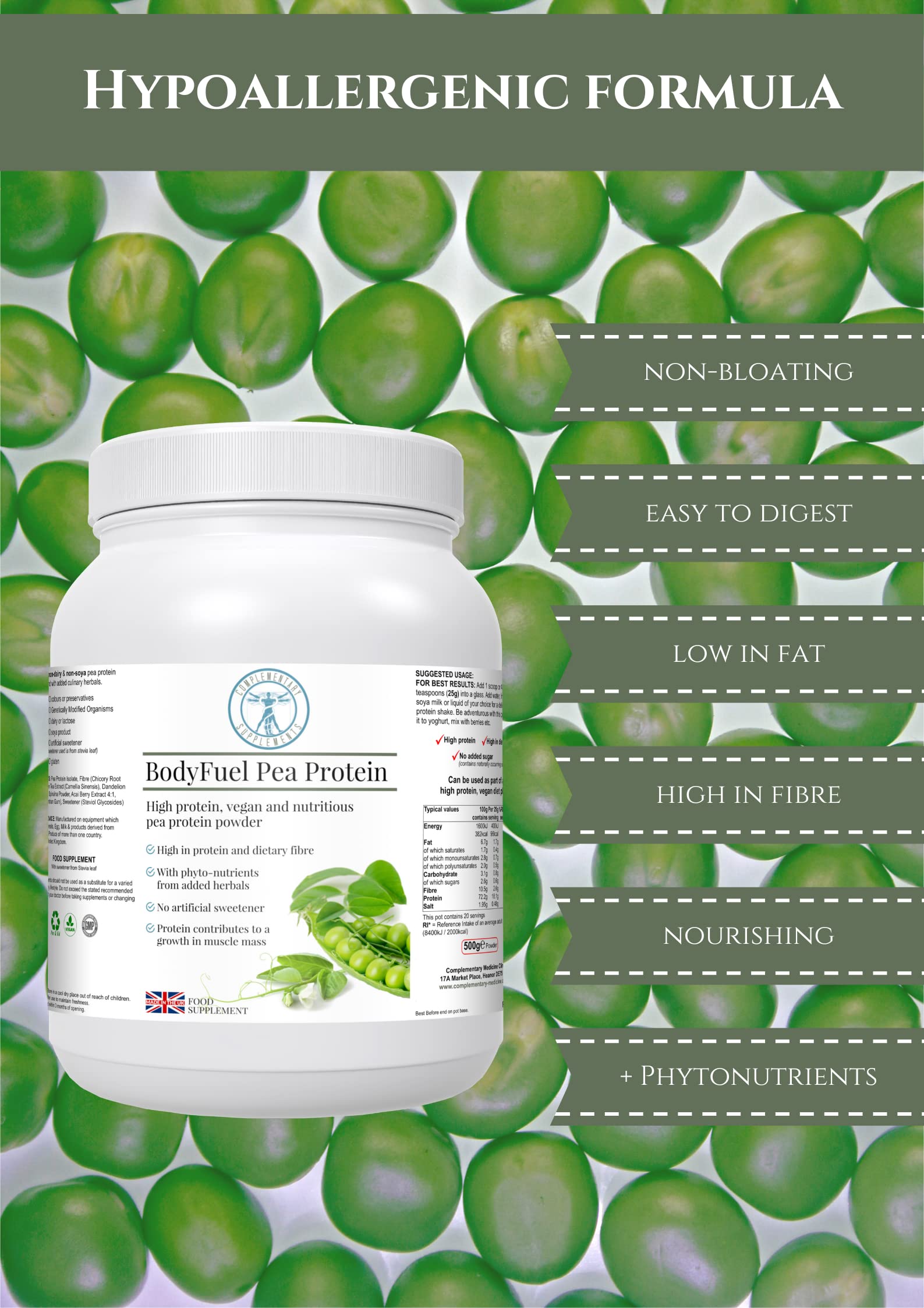 Complementary Supplements - BodyFuel Hypoallergenic Pea Protein Isolate Powder Plus Phytonutrients Complementary Supplements uk supplements