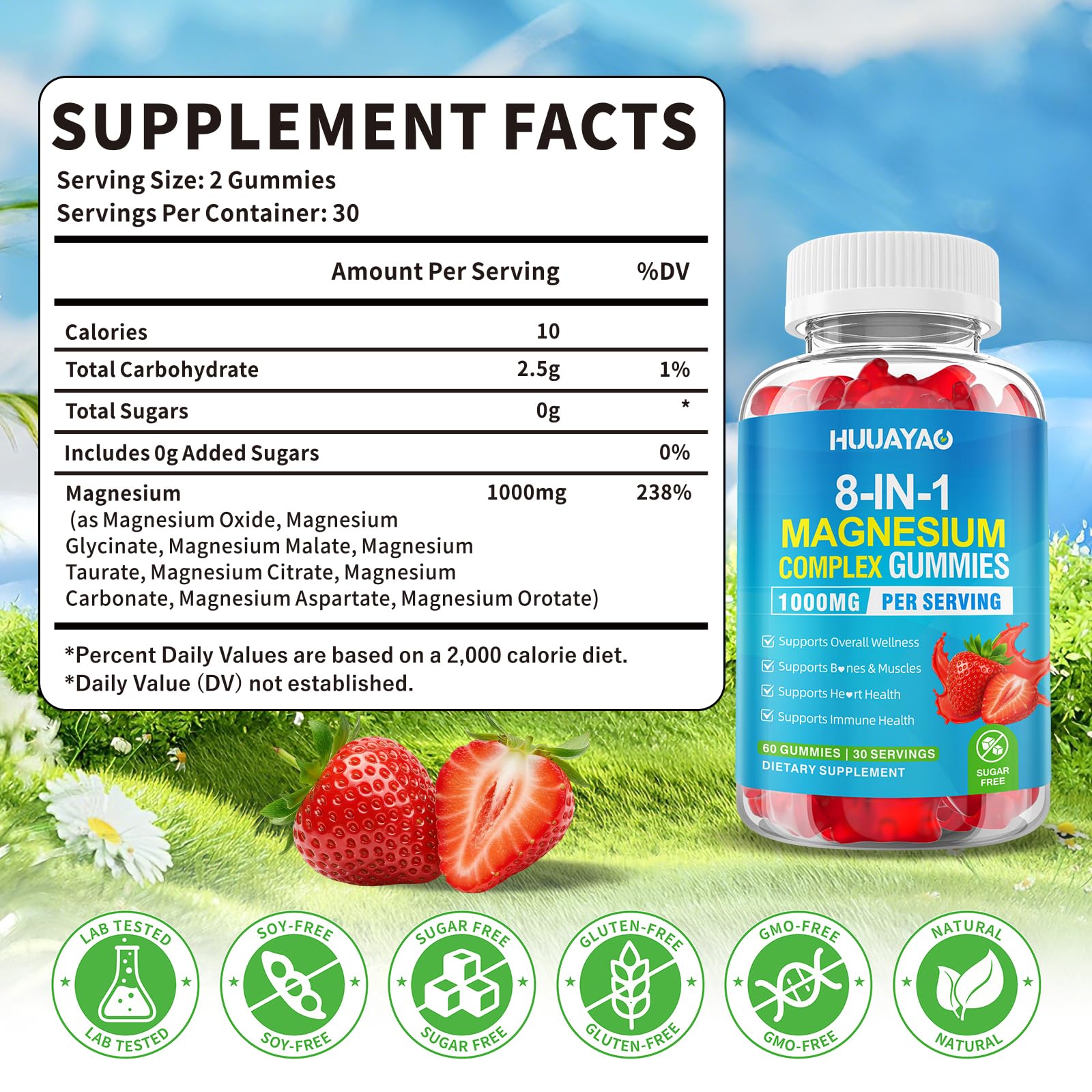 Magnesium Complex Gummies for Women Men 8 in 1, Magnesium Glycinate, Citrate, Malate, Taurate, Supports Bones, Muscle, Nerve Health, Sugar-Free, Vegan Non-GMO, Strawberry Flavor, 120 Count HUUAYAO uk supplements
