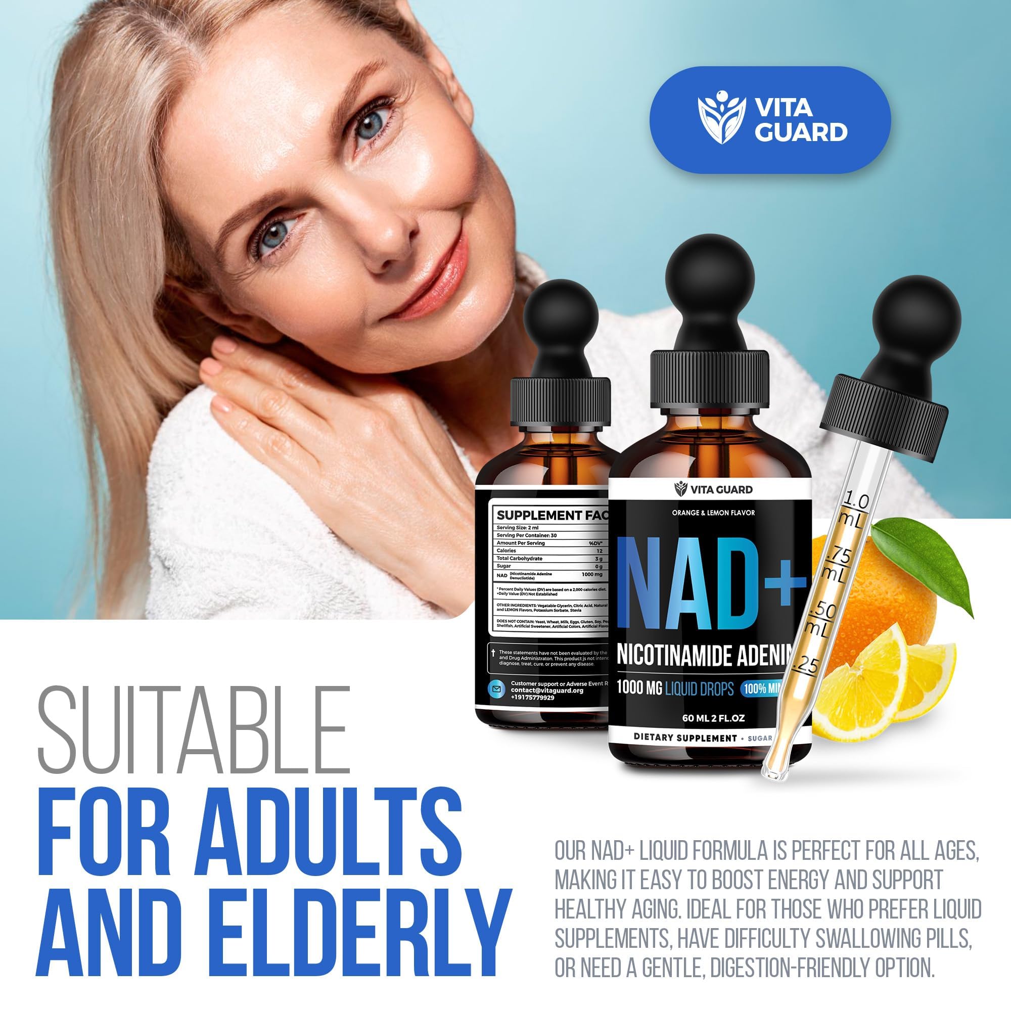 Vita Guard Pure NAD+ Supplements 1000mg Liquid Drops for Women & Man | Nicotinamide Adenine Similar to Nicotinamide Riboside NAD Plus Boosting Supplement - Natural Lemon & Orange Flavor Vita Guard uk supplements