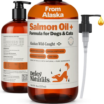 Deley Naturals Wild Alaskan Salmon Oil for Dogs & Cats - New and Improved Salmon Oil Plus Formula - Fish Oil for Dogs with Omega 3, DHA and EPA - Omega 3 for Healthy Skin and Coat - 8oz Made in USA Deley Naturals uk supplements