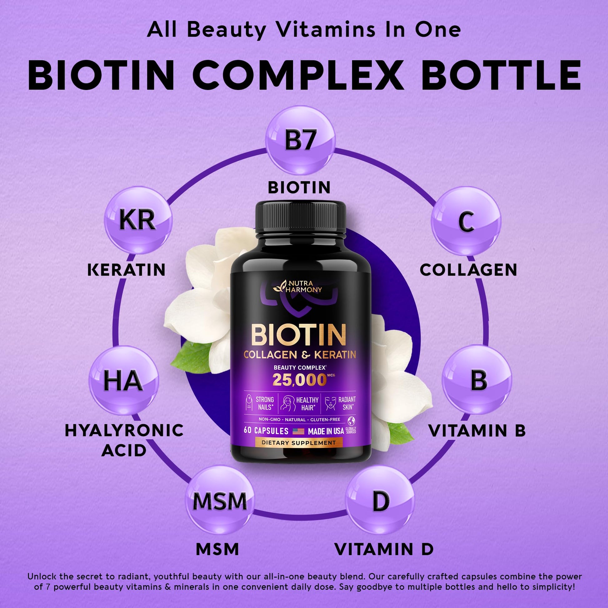 Biotin | Collagen | Keratin | Hyaluronic Acid - Hair Growth Support Pills, 25000 mcg NUTRAHARMONY uk supplements