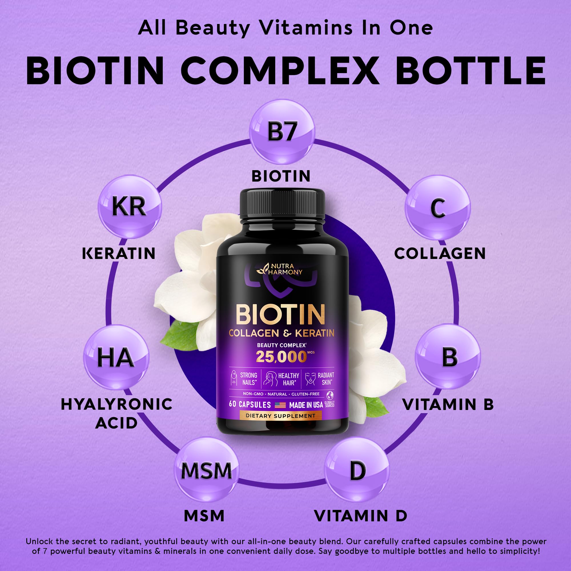 Biotin | Collagen | Keratin | Hyaluronic Acid - Hair Growth Support Pills, 25000 mcg NUTRAHARMONY uk supplements