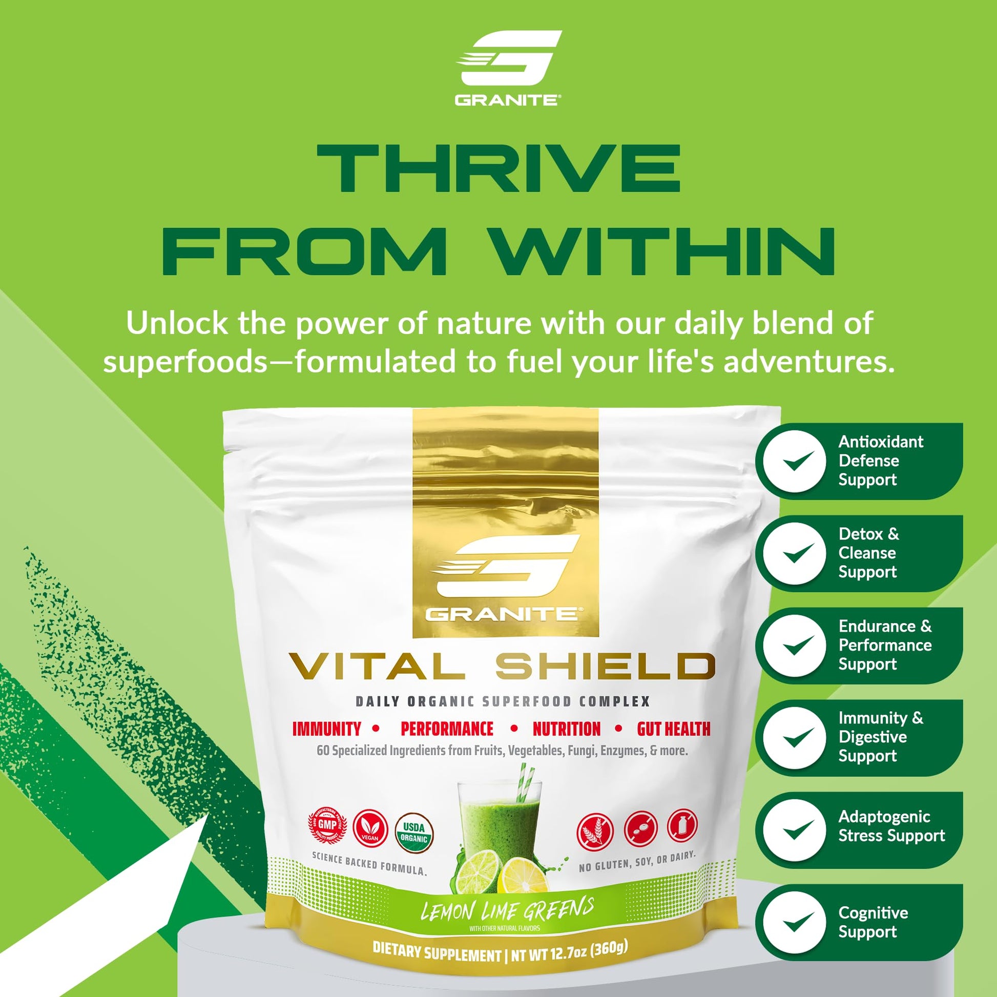 Granite Nutrition Vital Shield - USDA Organic Superfood Greens with Mushrooms & Tart Cherry – Supports Energy, Immune Function & Digestive Health – Lemon Lime Flavor (30 Servings) Granite Supplements uk supplements