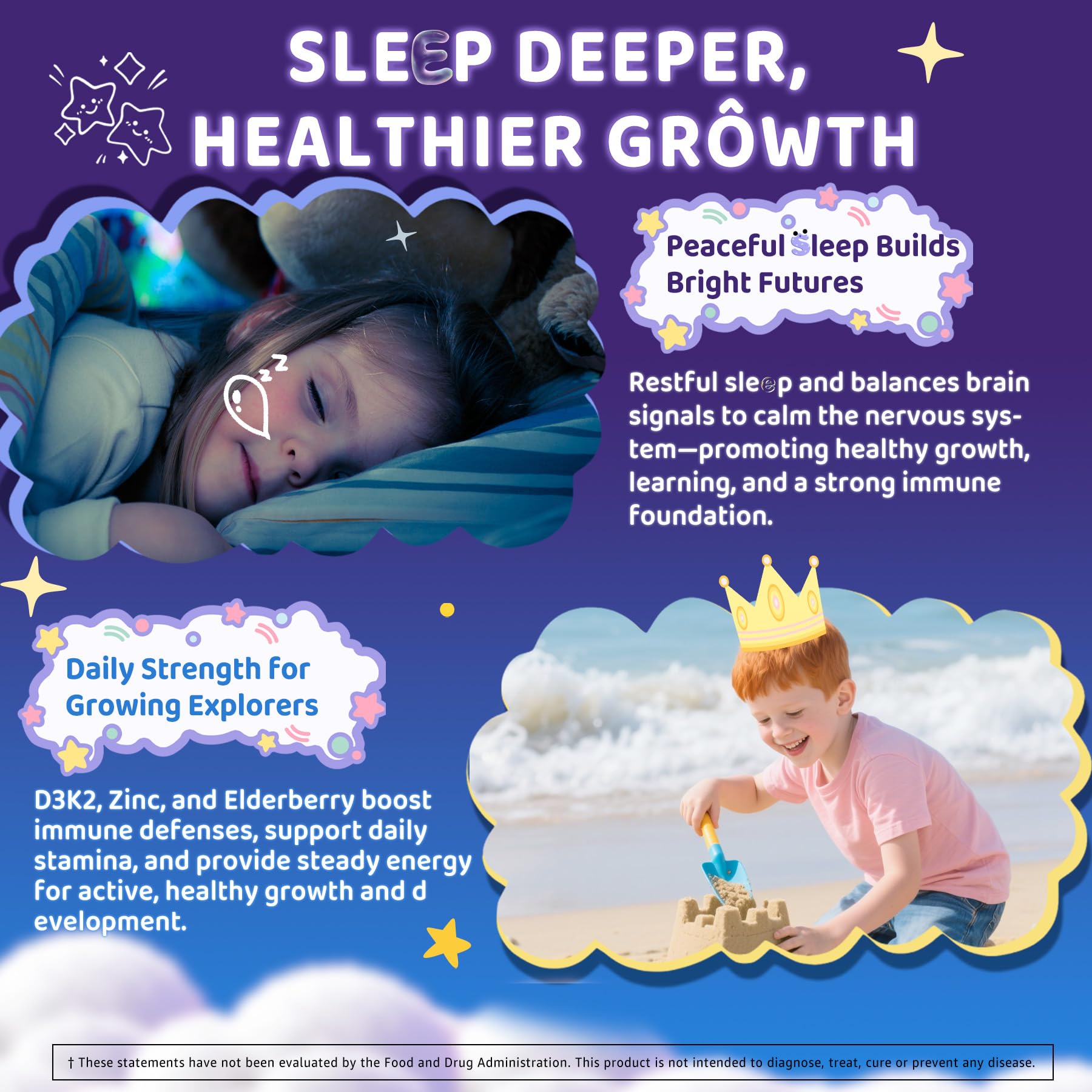 Kids Sleep Gummies, NO Melatonin Sleep Aid Gummies w/ Magnesium Glycinate, Magnesium Malate, L-Theanine, Lavender, B6, Zinc, D3K2 for Restful Sleep, Relax Brain & Muscle, Immune Support, Non-GMO 1Pack ELLAMENTZ uk supplements