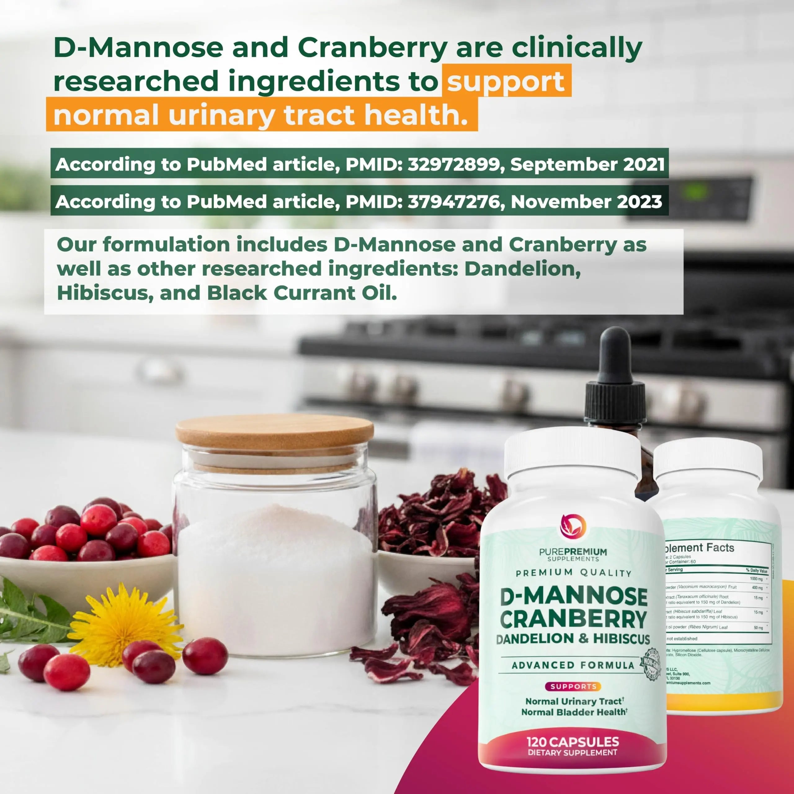 PurePremium D-Mannose with Cranberry, Hibiscus & Dandelion - 1000mg D-Mannose Supplements for Women Supports Urinary Tract Health & Bladder Health - Made in USA, Vegan, 120 Capsules, 2 Month Supply PurePremium Supplements uk supplements