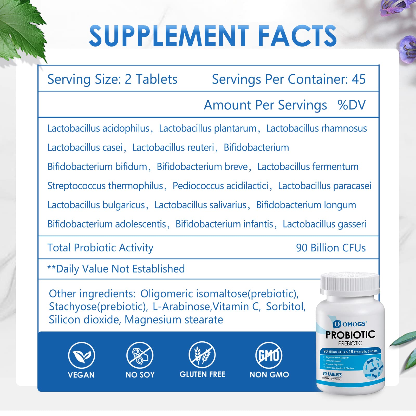 OMOGS Probiotics 90 Billion CFUs 18 Strains,with 3 Organic Prebiotic, Probiotics Supplement OMOGS uk supplements