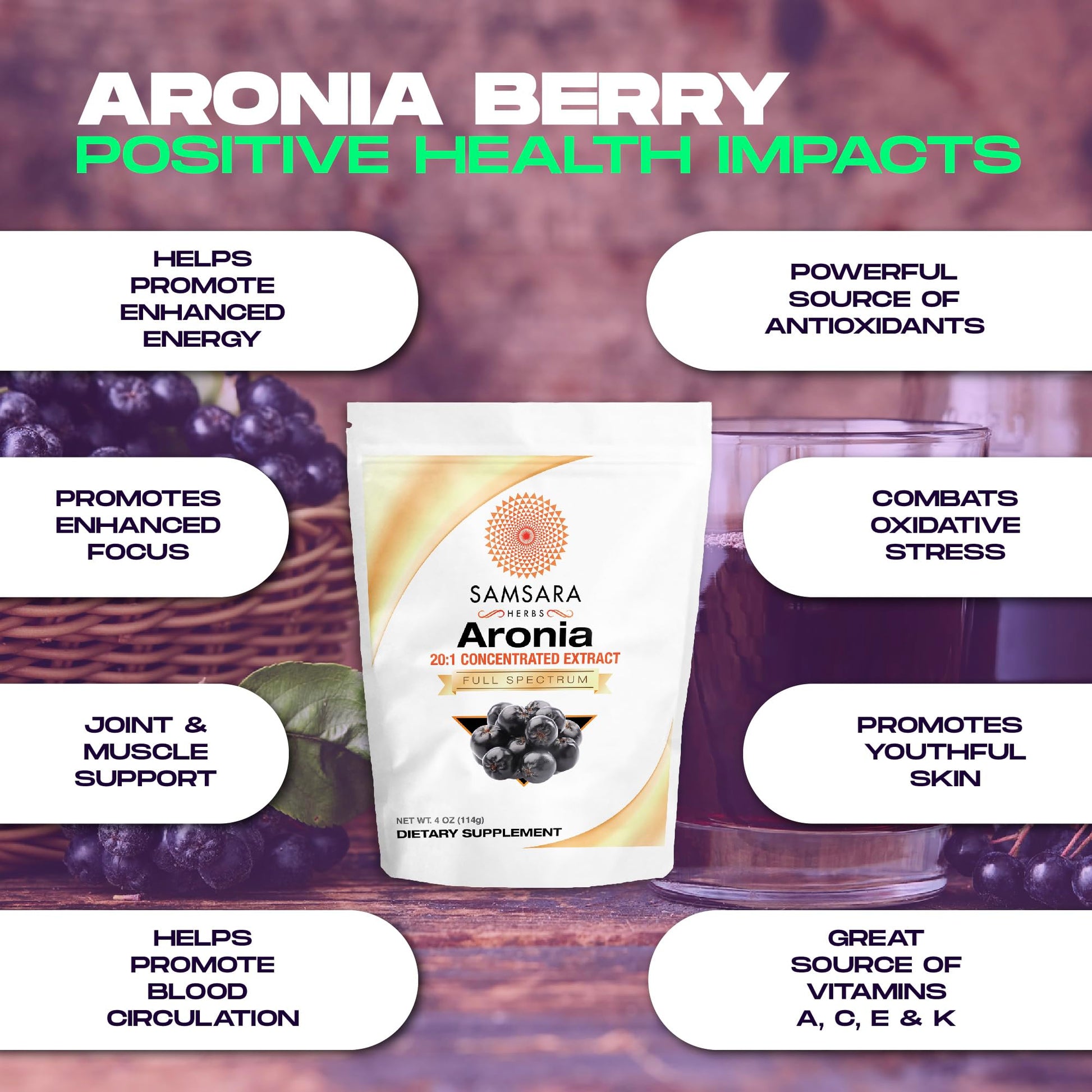 Samsara Herbs Aronia Berry 20:1 Extract Powder (16oz/454g) - Antioxidant, Flavonoids and Polyphenols Supplement - High ORAC - Native American Berry - Improved Wellbeing Samsara Herbs uk supplements