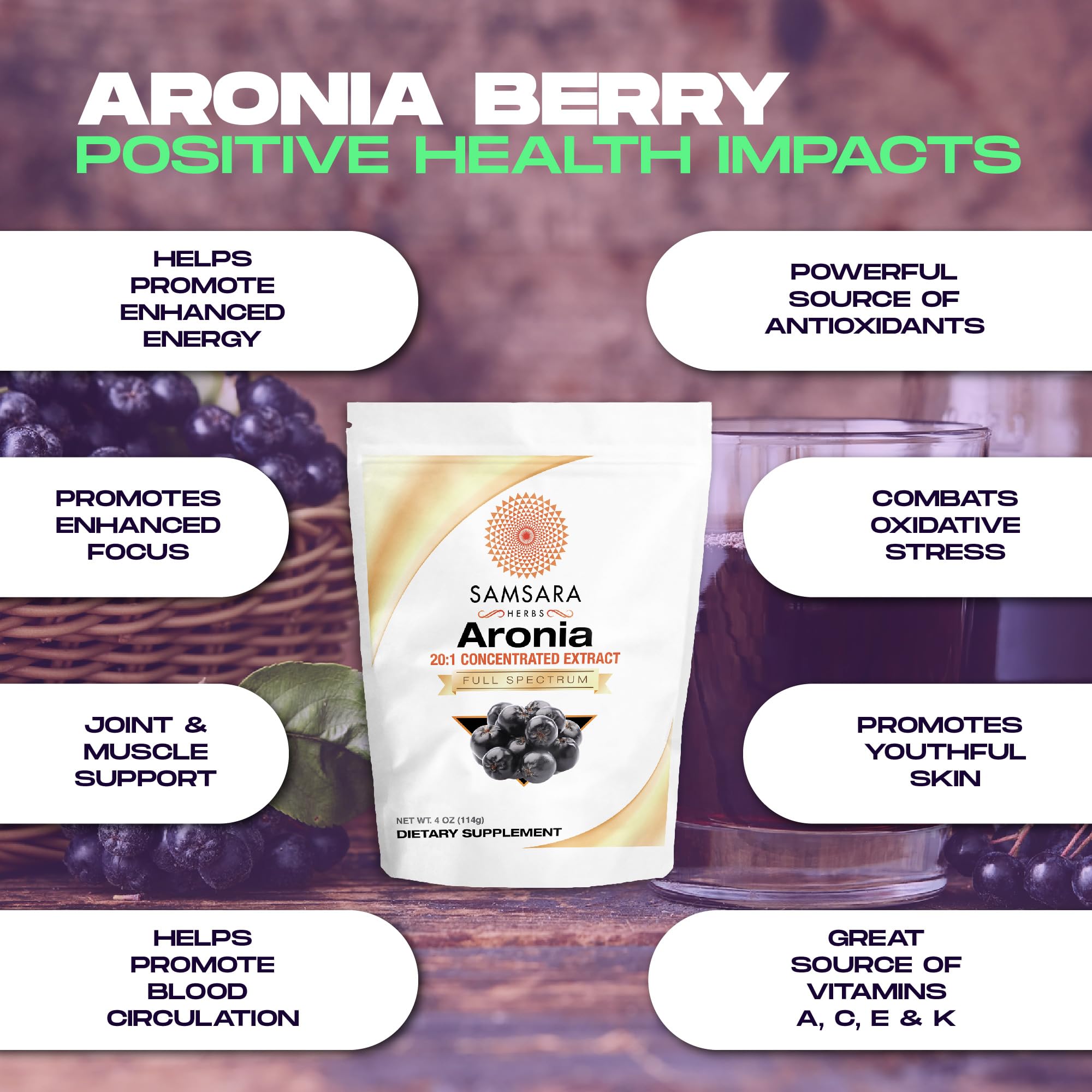 Samsara Herbs Aronia Berry 20:1 Extract Powder (16oz/454g) - Antioxidant, Flavonoids and Polyphenols Supplement - High ORAC - Native American Berry - Improved Wellbeing Samsara Herbs uk supplements