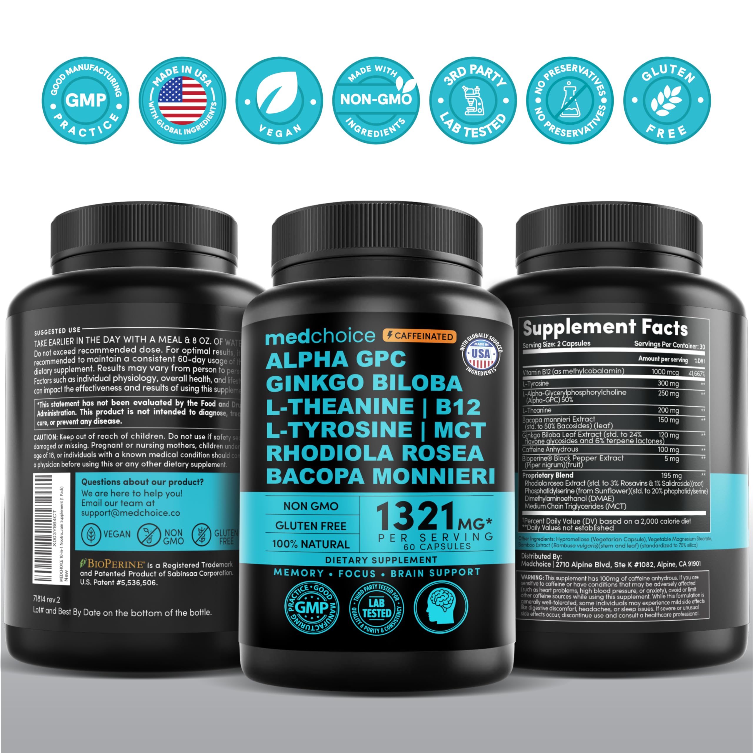 12-in-1 Nootropic Brain Supplement with Caffeine Anhydrous: Ginkgo Biloba for Brain Support, Memory and Focus - B12, Alpha GPC, L Theanine and Choline Supplements with Bioperine with 1321mg (60ct) MEDCHOICE uk supplements