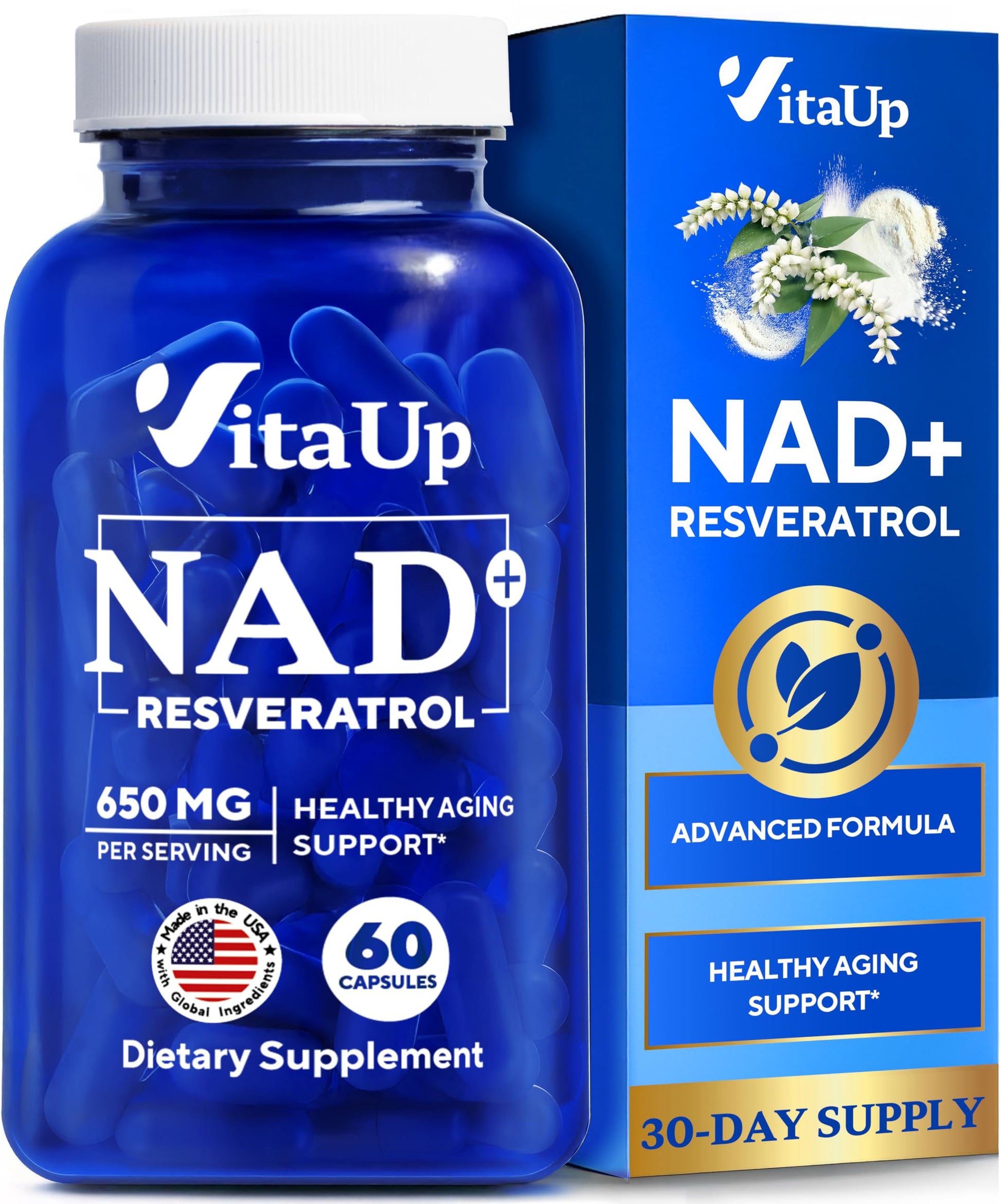VitaUp NAD+ Resveratrol Supplement - USA Made Trans Resveratrol NAD Supplement 650mg - Nicotinamide Adenine Dinucleotide Capsules for Healthy Aging, Energy & Focus Support - 60 Count VitaUp uk supplements