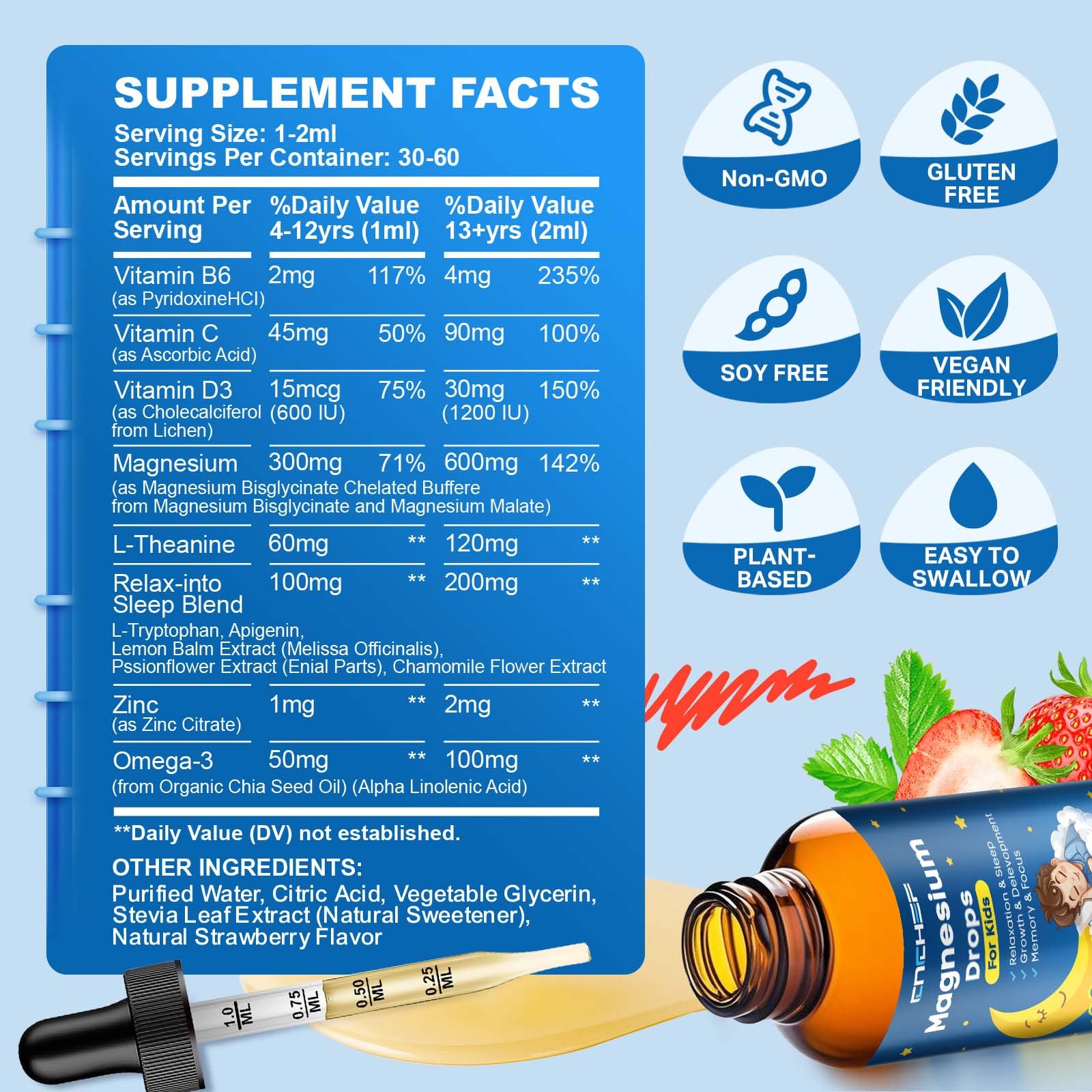 Magnesium Drops - Magnesium Glycinate Liquid Drops for Kids - Calm, Sleep, Relaxation, Bones, Brain Support with Vitamin B6, C, D3, Omega-3, L-Theanine, Zinc, Multivitamins - Strawberry Flavor 2 Fl Oz CNCHEF uk supplements