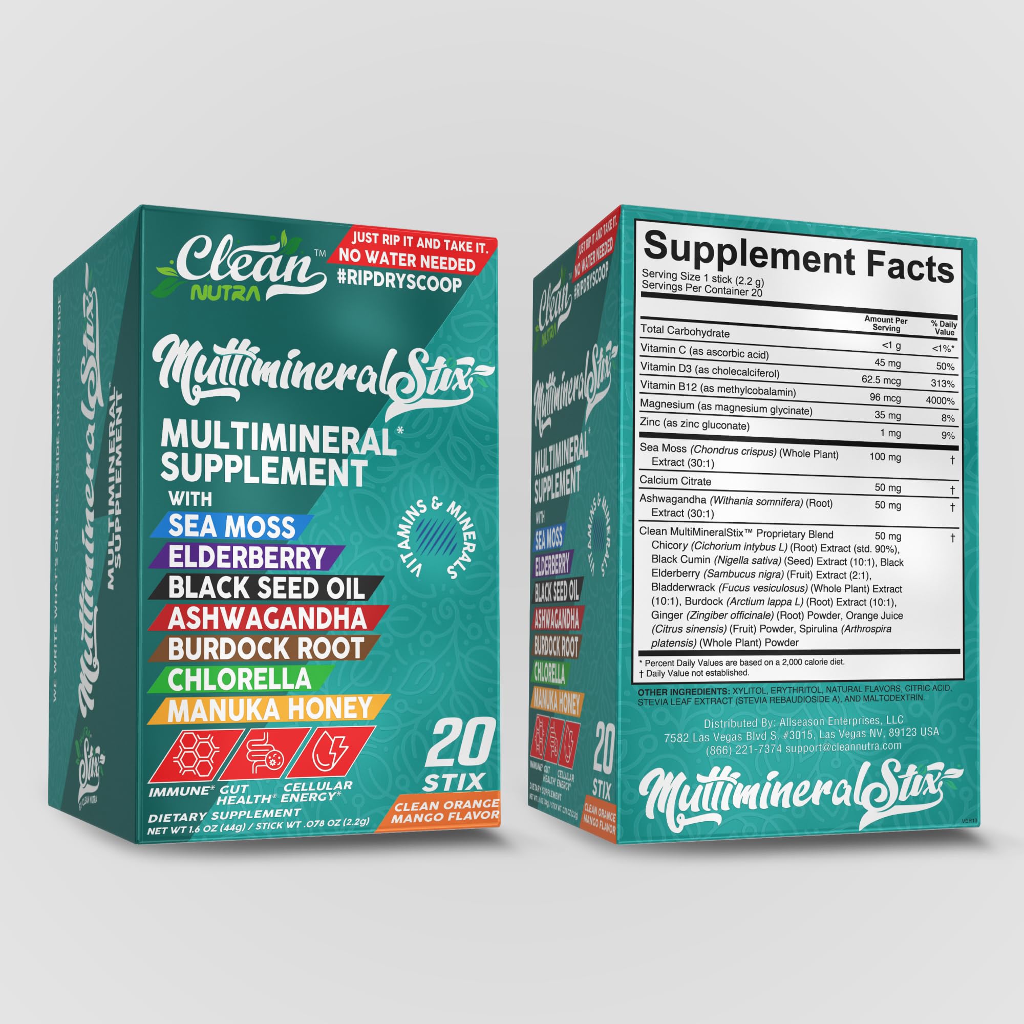 Sea Moss Powder Elderberry Ashwagandha Chlorella Manuka Honey VitaminD3 Vitamin C Zinc Spirulina Iodine Greens Detox Immune Support Sugar Free Hydration Powder Drink Mix – 20 Sticks Clean Nutraceuticals uk supplements