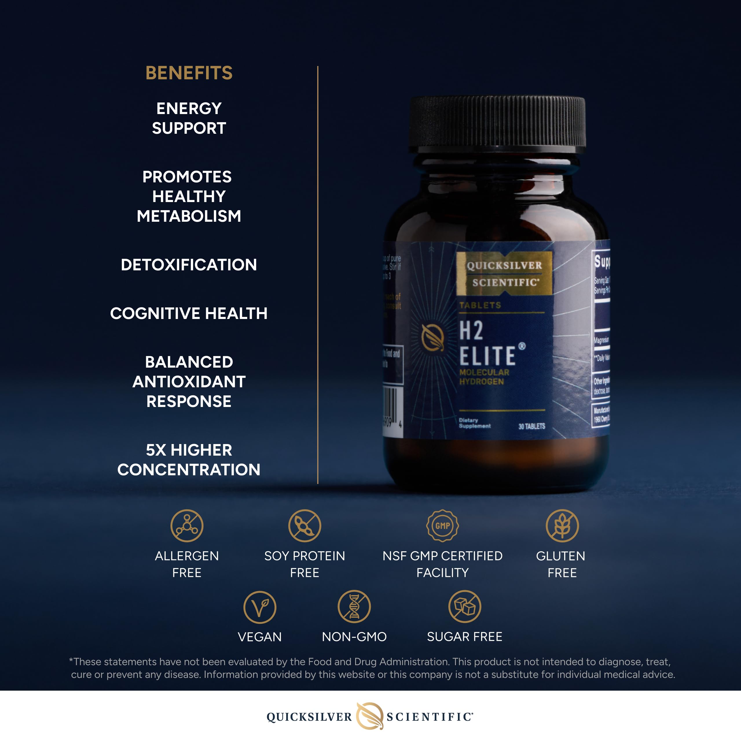 Quicksilver Scientific H2 Elite - Molecular Hydrogen for Energy + Metabolism Support, Water Tablets Perfect for Open Containers - Magnesium Malate Drink Additive (30 Molecular Hydrogen Tablets) Quicksilver Scientific uk supplements