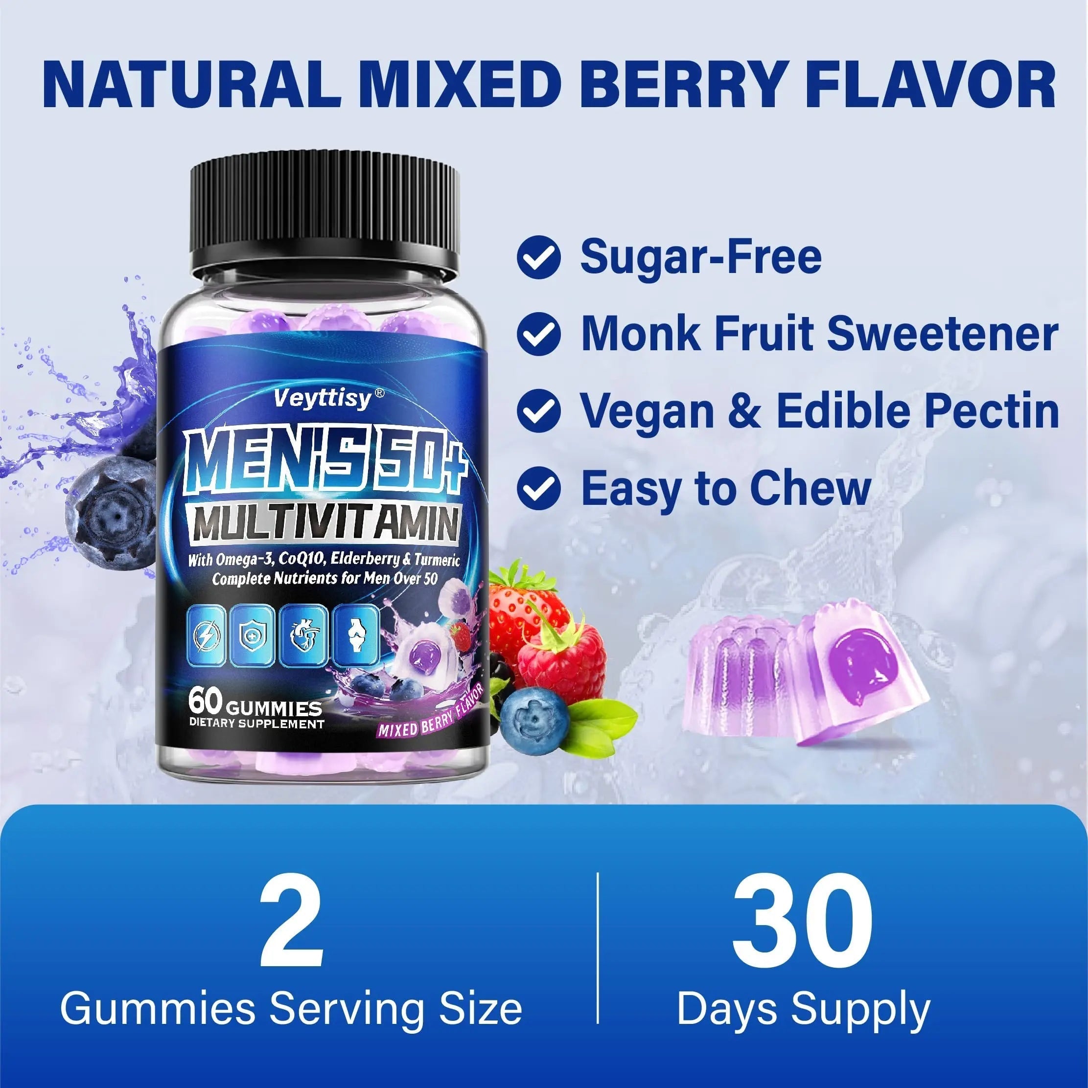 Sugar Free Multivitamin Gummies for Men 50 Plus - Methylated Multivitamin with Omega-3, CoQ10, Elderberry & Turmeric Veyttisy uk supplements