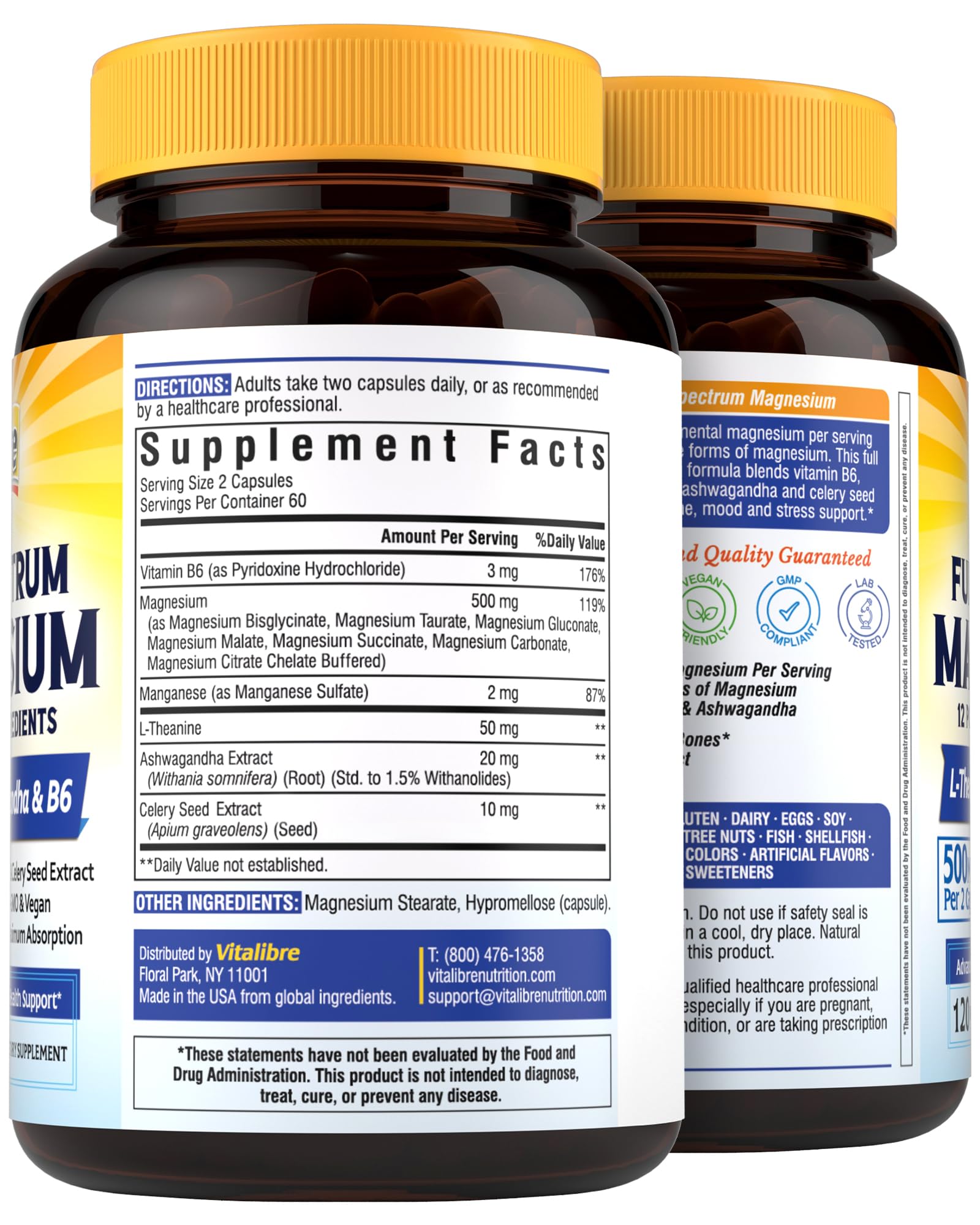 Vitalibre Magnesium Complex Supplement 500mg + Ashwagandha, L-Theanine, Vitamin B6 & Celery, High Absorption Magnesium Glycinate, Citrate, Malate, Sleep & Bone Support, 120 Vegan Capsules Vitalibre uk supplements