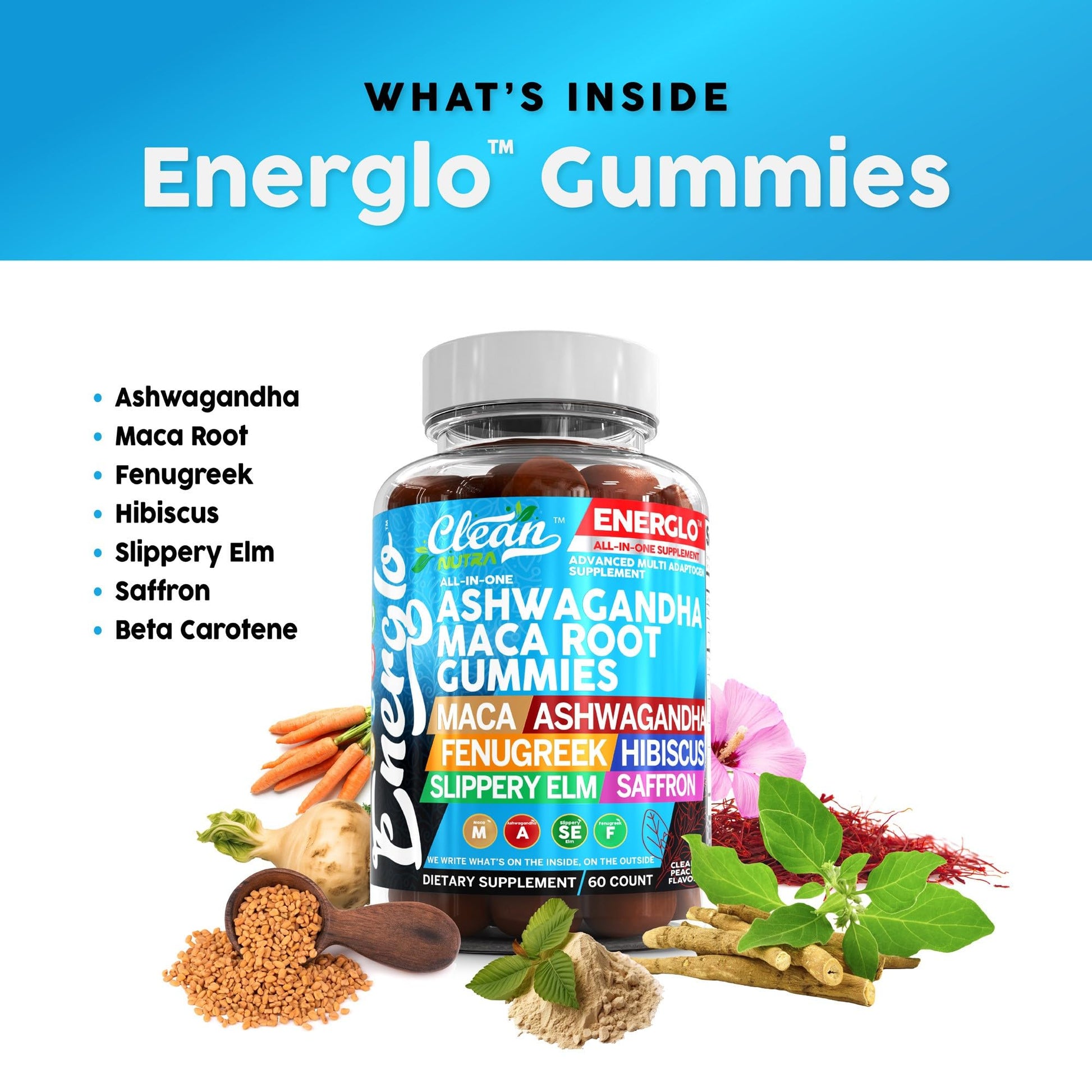 Ashwagandha Maca Root Gummies with Fenugreek Hibiscus Slippery Elm Saffron Extract & Beta Carotene | Peach Flavor Vegan Gummy Vitamins Adaptogen Cortisol Supplement Energlo by Clean Nutra Clean Nutraceuticals uk supplements