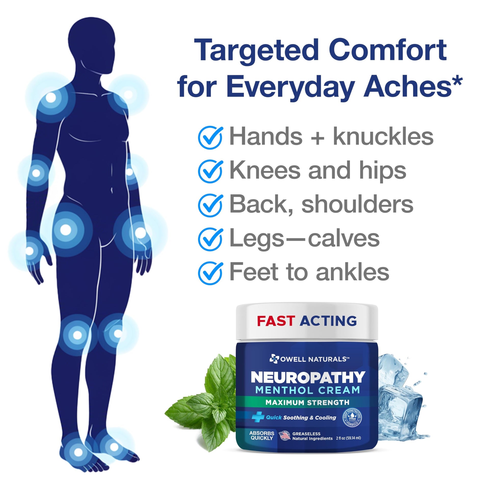 Owell Naturals Neuropathy Cream Extra Strength – Fast Absorbing Cooling for Leg, Feet & Hands – Advanced Soothing Formula with Aloe Vera, Arnica, MSM & Vitamin B6 – Made in USA, 2 fl oz Owell Naturals uk supplements