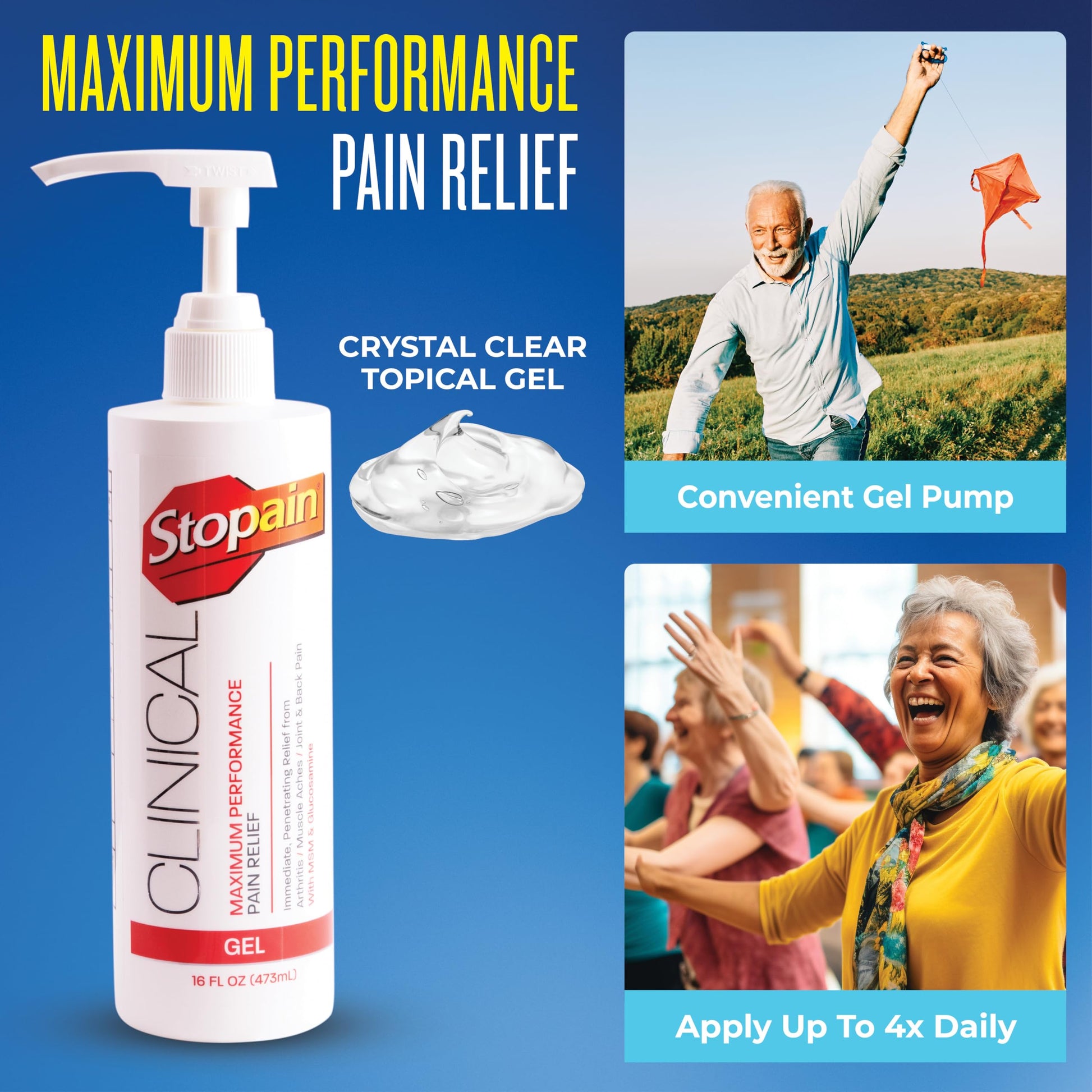 Stopain Clinical Pain Relief Gel 16 oz - Professional Formula for Arthritis, Knee, Back & Muscle Pain - Maximum Strength Gel for Joint & Nerve Pains with 10% Menthol Plus Glucosamine - Made in USA Stopain uk supplements