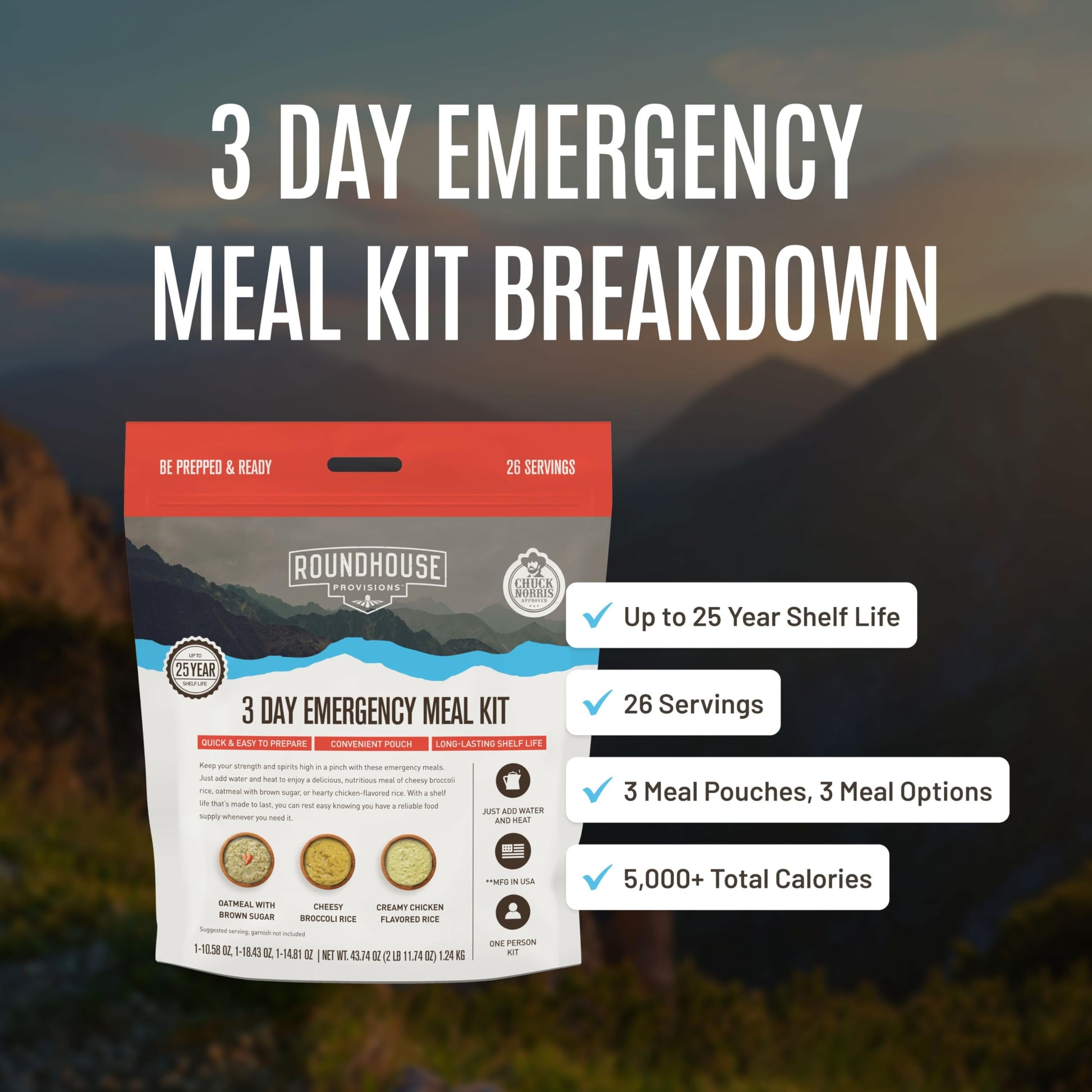by Chuck Norris Roundhouse Provisions 3 Day, 26 servings Emergency Meal Kit, Grab-and-Go, Premade, Disaster Prep, Hiking, Survival, Adventure, Camping Food, 25 Year Shelf Life. ROUNDHOUSE PROVISION uk supplements