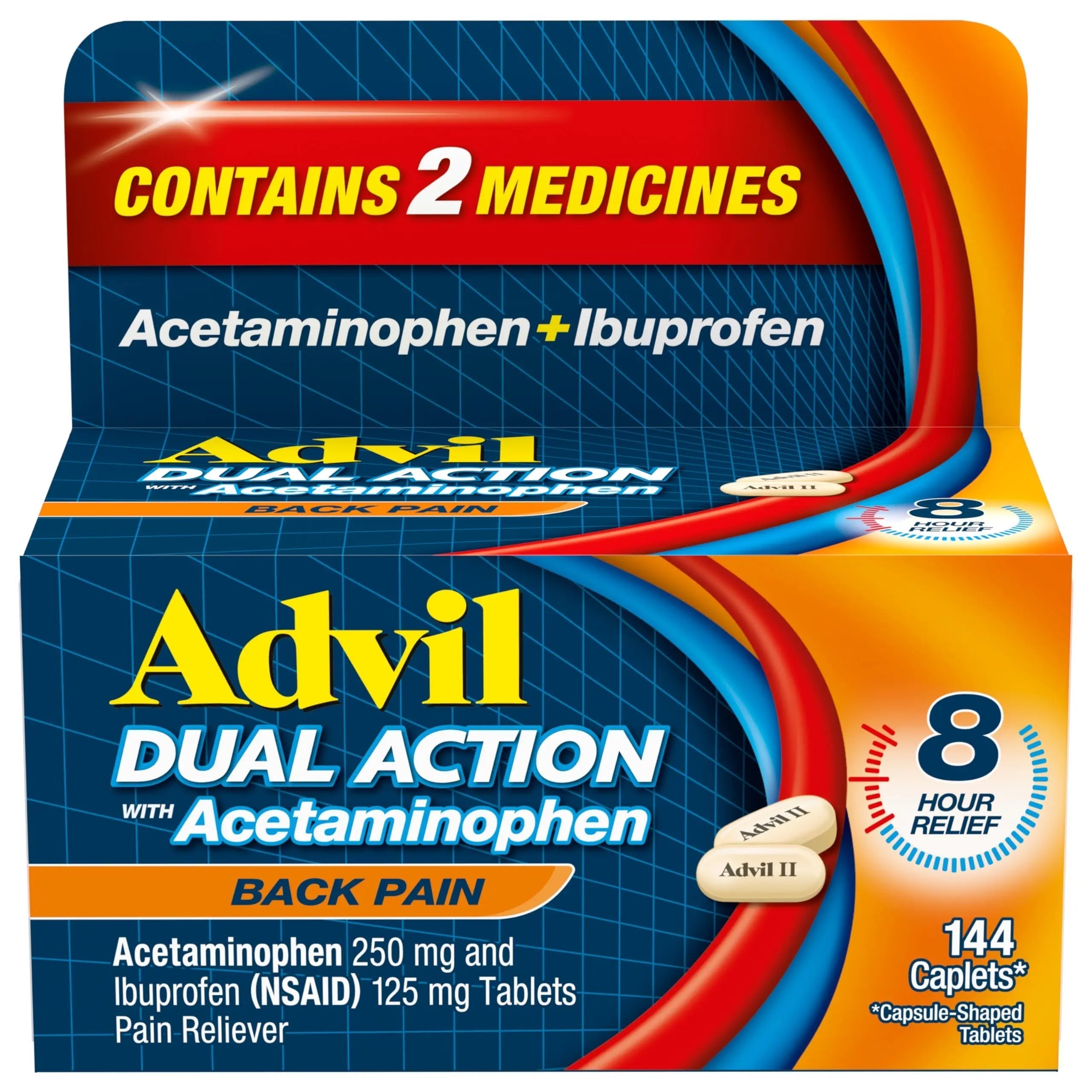 Advil Dual Action Back Pain Caplets Delivers 125mg Ibuprofen and 250mg Acetaminophen Per Dose for 8 Hours of Back Pain Relief - 144 Count Advil uk supplements