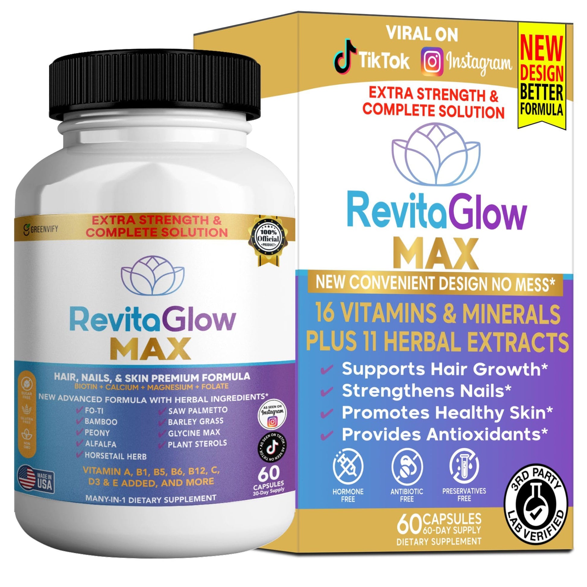 GREENVIFY RevitaGlow Max Hair, Nails & Skin Premium Formula, 60 Capsules, 30-Day Supply, with Biotin, Vitamins A, B1, B5, B6, B12, C, D3, E (1) GREENVIFY uk supplements