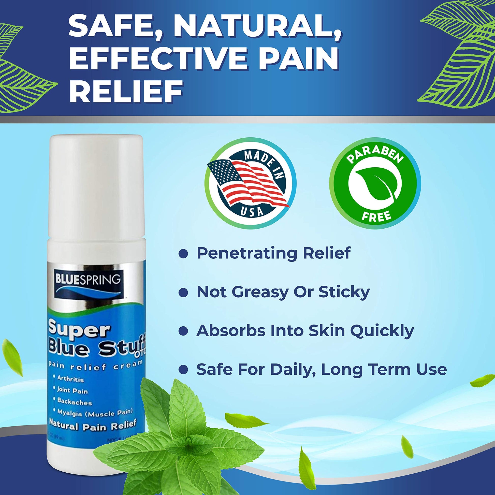 Super Blue Stuff Natural Pain Relief roll on with Emu Oil by BlueSpring- Pain relief rub Anti Inflammatory Analgesic Cream for Back, Knee, Joint, Muscle, Arthritis, and neck Pain Relief- 3 Oz roll-on. Emu Therapy uk supplements