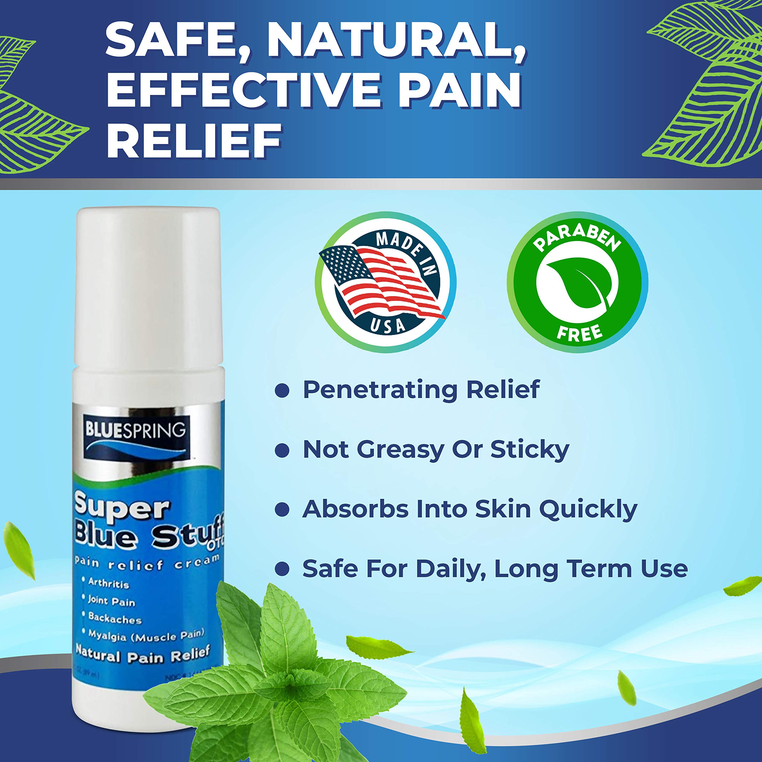 Super Blue Stuff Natural Pain Relief roll on with Emu Oil by BlueSpring- Pain relief rub Anti Inflammatory Analgesic Cream for Back, Knee, Joint, Muscle, Arthritis, and neck Pain Relief- 3 Oz roll-on. Emu Therapy uk supplements