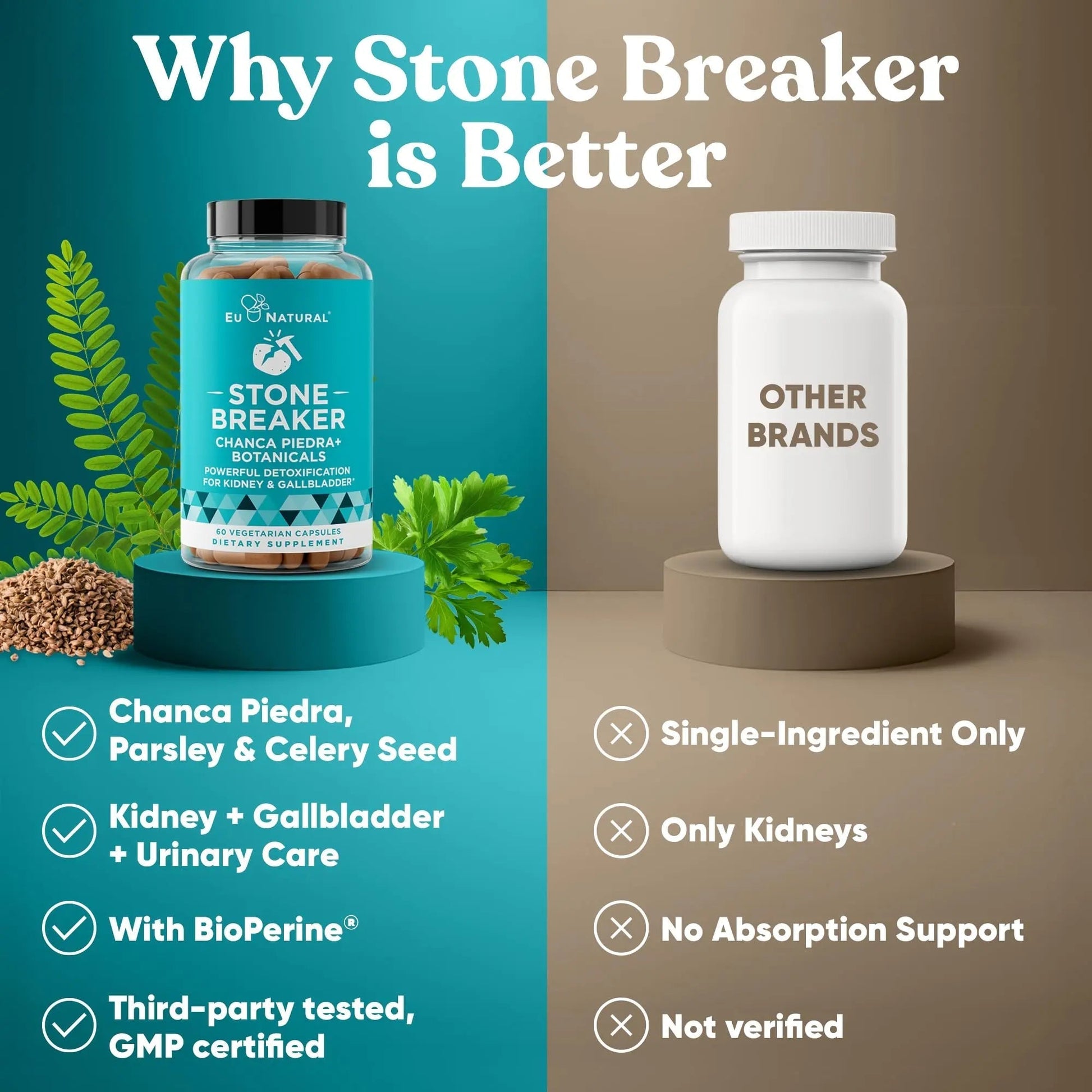 Chanca Piedra Stone Breaker - The Original Stone Breaking Formula with Celery Seed & Parsley - Supports Kidney, Gallbladder & Urinary Tract Cleansing to Help Flush Impurities - 60 Vegetarian Capsules Eu Natural uk supplements