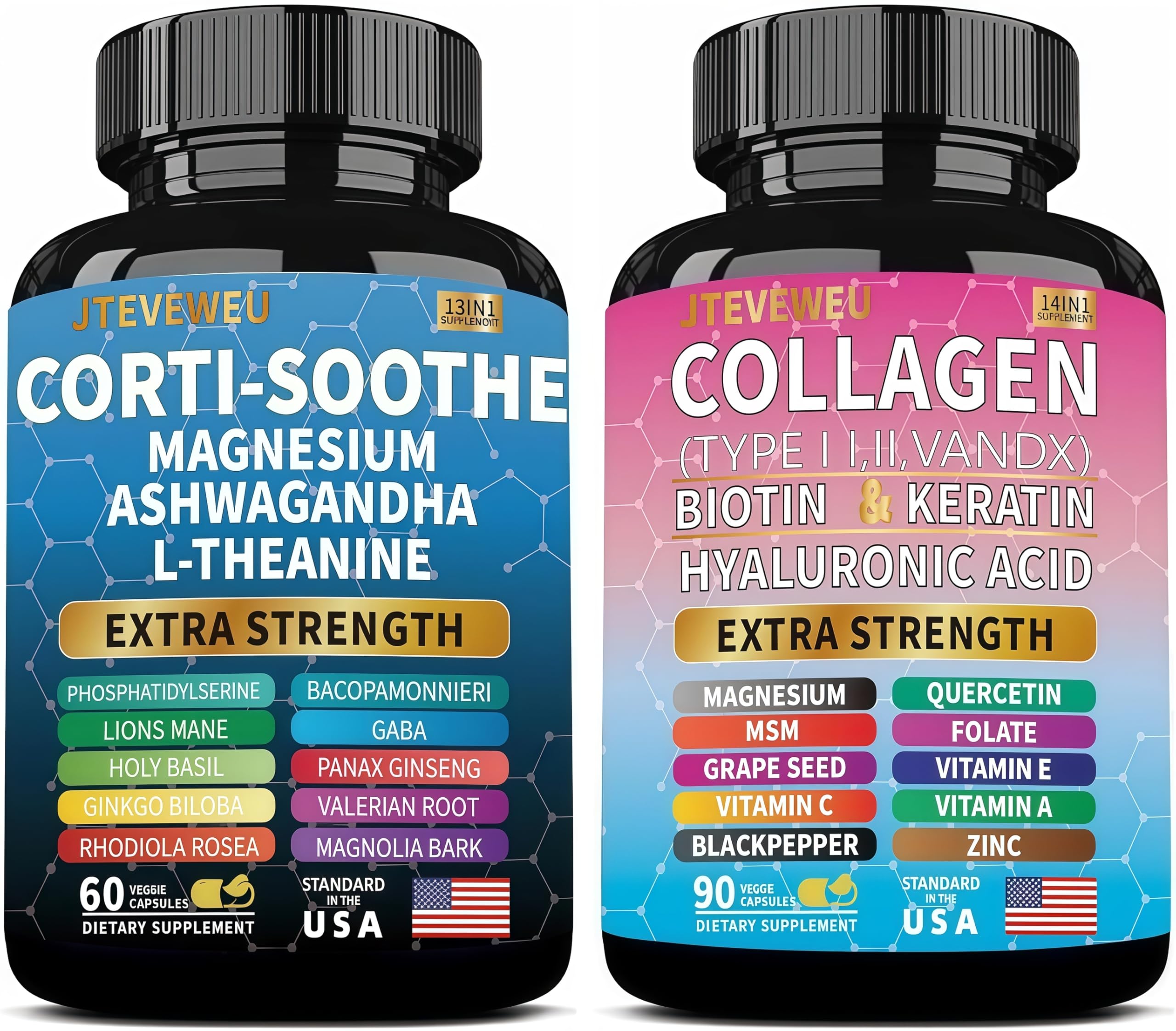 JTEVEweu Shining Serenity Set, Cortisol Support with Ashwagandha, L-Theanine, Magnesium, Lions Mane, GABA, Bacopa Monnieri, Collagen Biotin, Keratin, Hyaluronic Acid, Quercetin JTEVEweu uk supplements