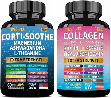 JTEVEweu Shining Serenity Set, Cortisol Support with Ashwagandha, L-Theanine, Magnesium, Lions Mane, GABA, Bacopa Monnieri, Collagen Biotin, Keratin, Hyaluronic Acid, Quercetin JTEVEweu uk supplements