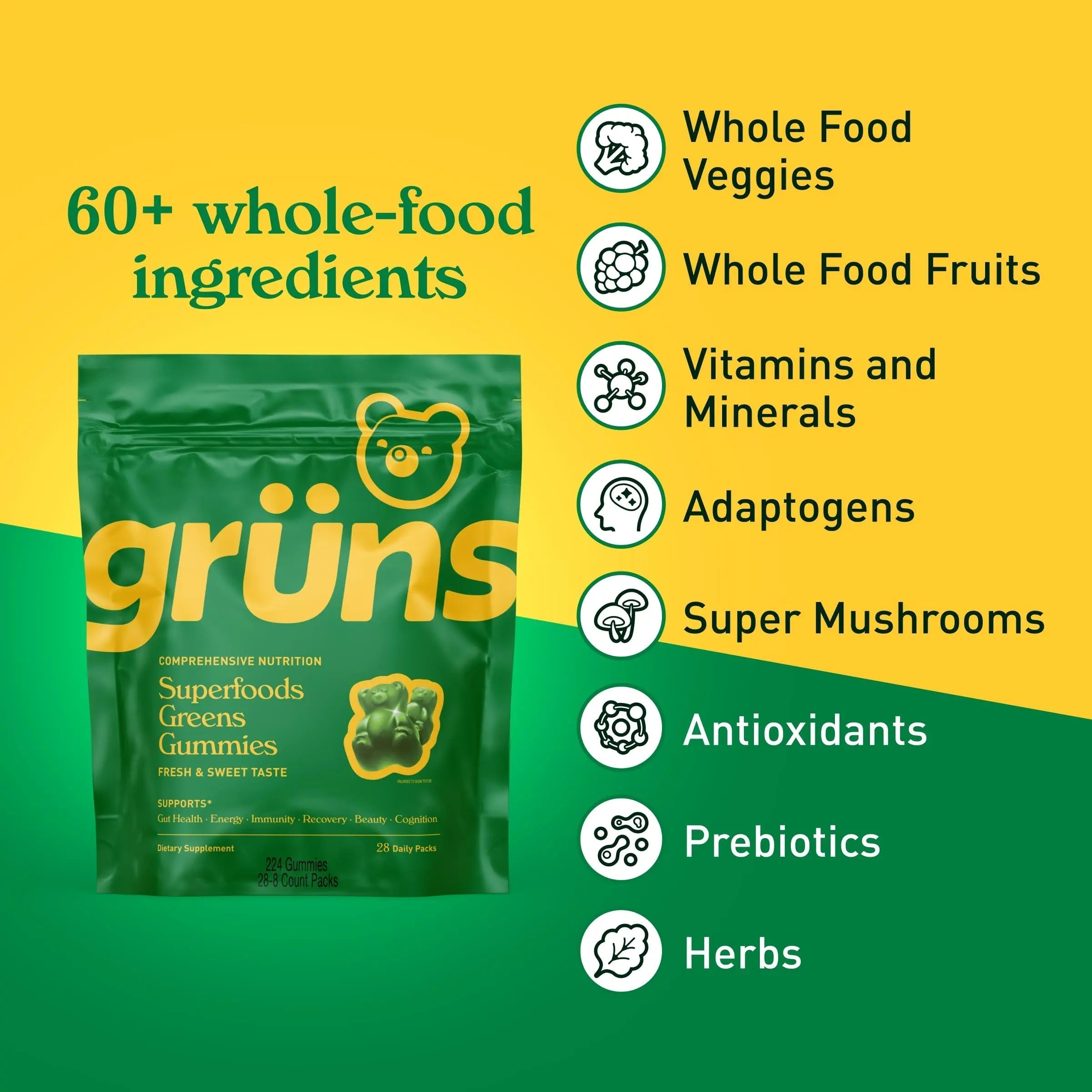 Gruns Adults Super Greens Multivitamin Gummies, Superfood Vitamin Gummy Bears with Spirulina, Chlorella, Prebiotic Fiber for Digestive Health Grüns uk supplements