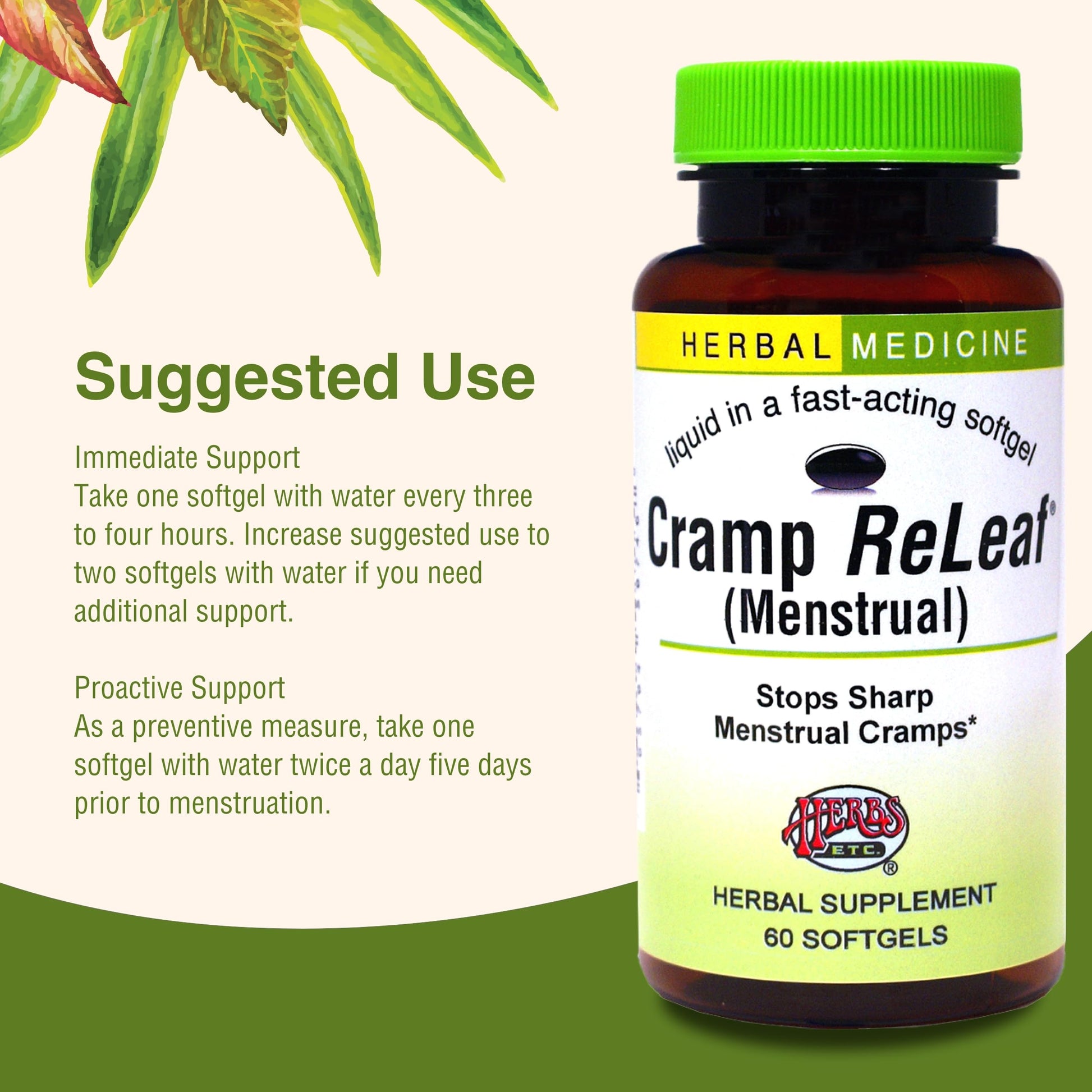 Herbs Etc. Cramp ReLeaf (Menstrual) - Abdominal Muscle Support - Herbal Supplement to Aid Menstrual Health - Period Cramp Support with Black Haw, Cramp Bark and Bethroot - 60 Softgels (60 Servings) Herbs Etc. uk supplements