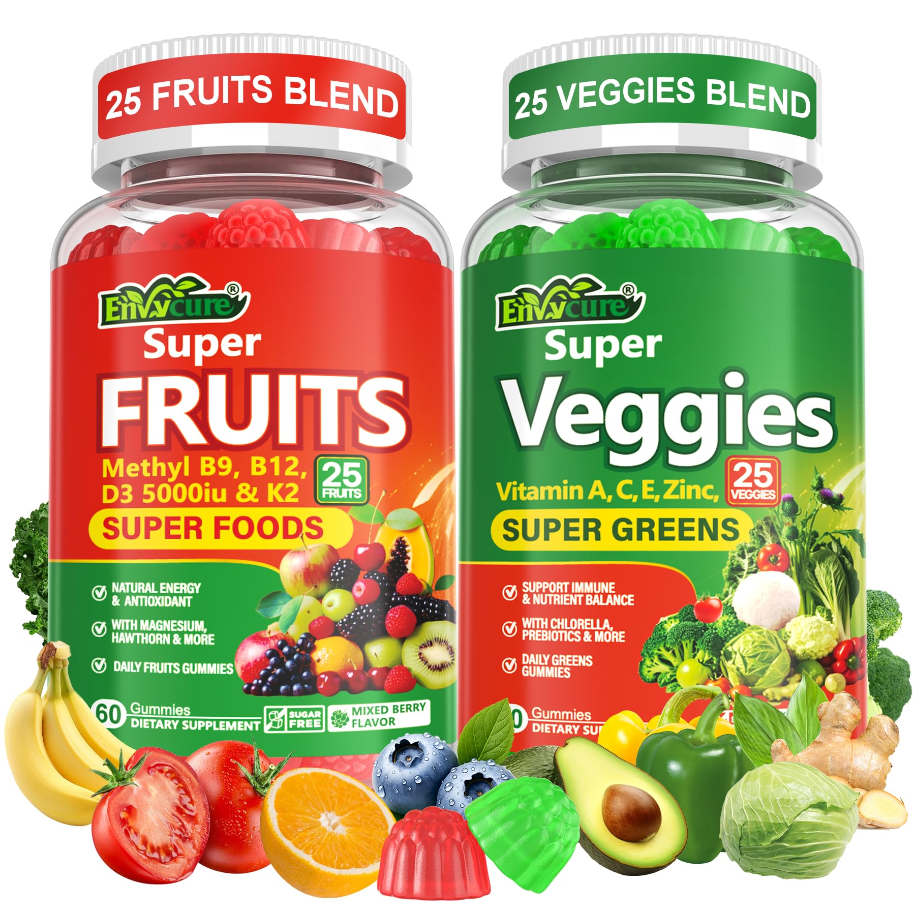 Super Greens Gummies, Daily Green Superfood Supplement w/Spirulina, Chlorella, Mushrooms, Probiotics, Multivitamins, 50+ Super Greens & Veggies Gummies to Boost Immunity, Energy & Gut Health, 120cts EnvyCure uk supplements
