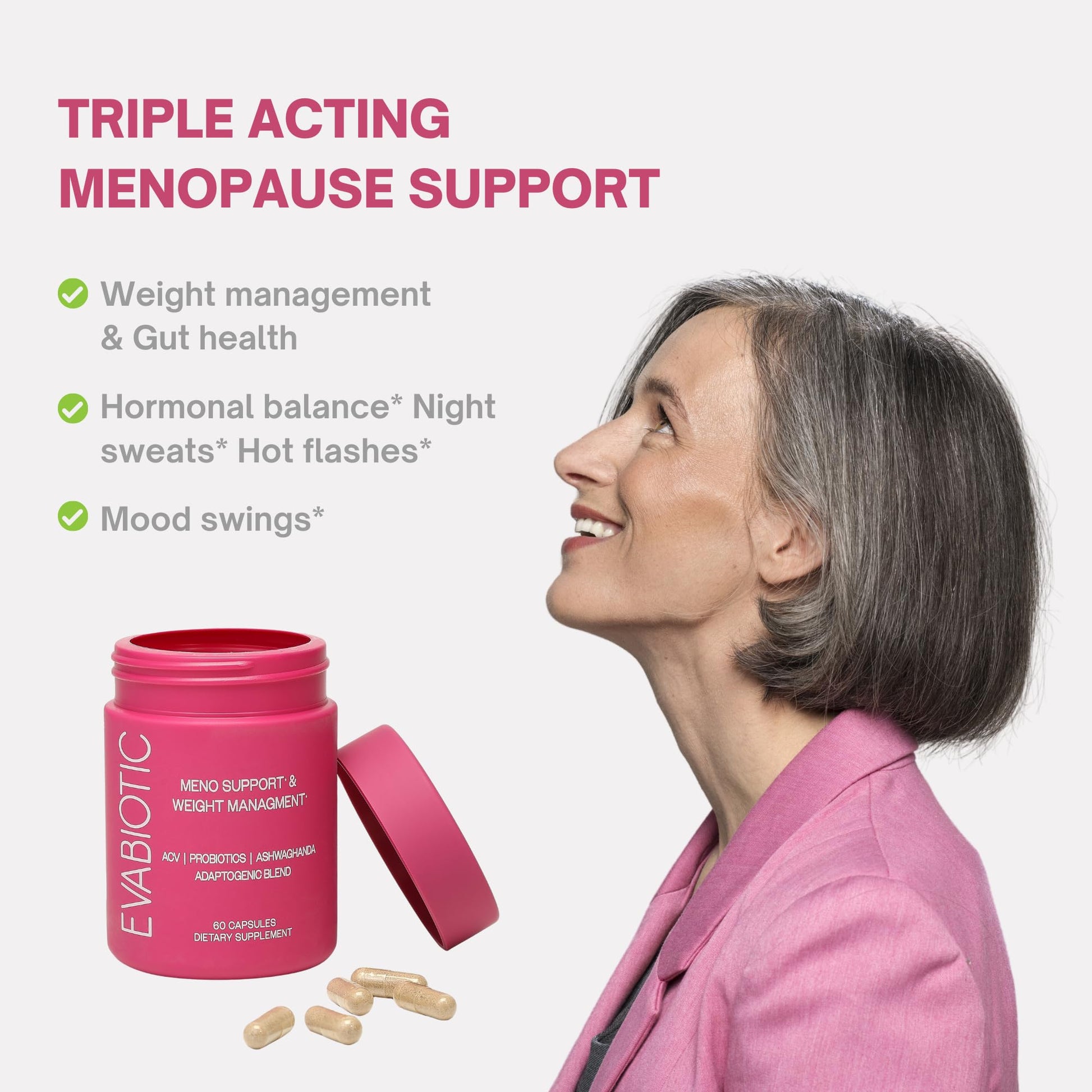 Complete Menopause Vitamins - Ashwaghanda, Probiotics, ACV for Weight Management, Hot Flashes, Night Sweats, Bloat, Hormone Balance - Vegan 60 Caps Menopause Supplements for Women Non-GMO EVABIOTIC uk supplements