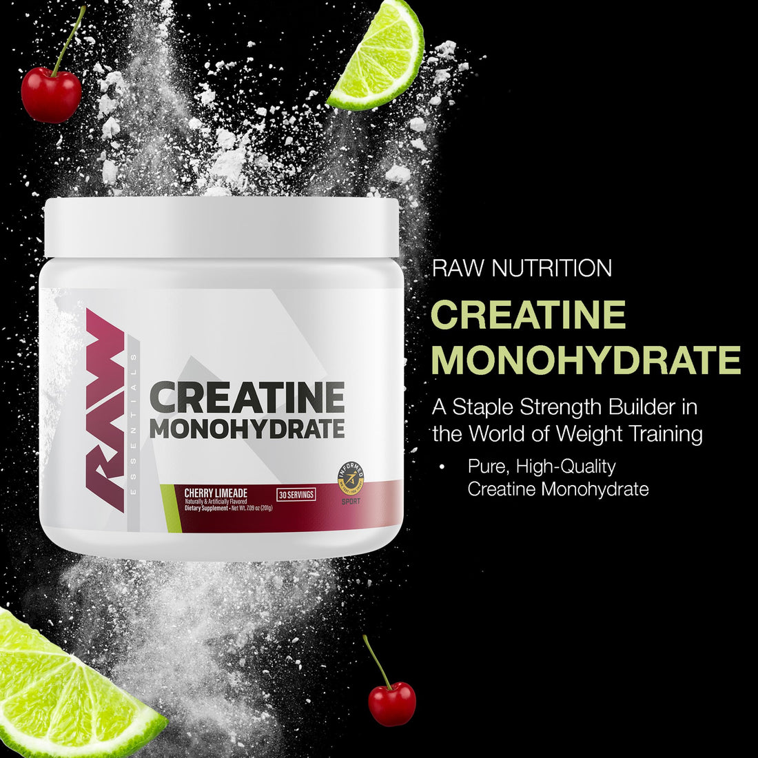 RAW Nutrition Creatine Monohydrate Powder, Cherry Limeade (30 Servings) - Micronized Creatine Monohydrate Supplement for Workout Performance, Build Muscle & Strength RAW uk supplements