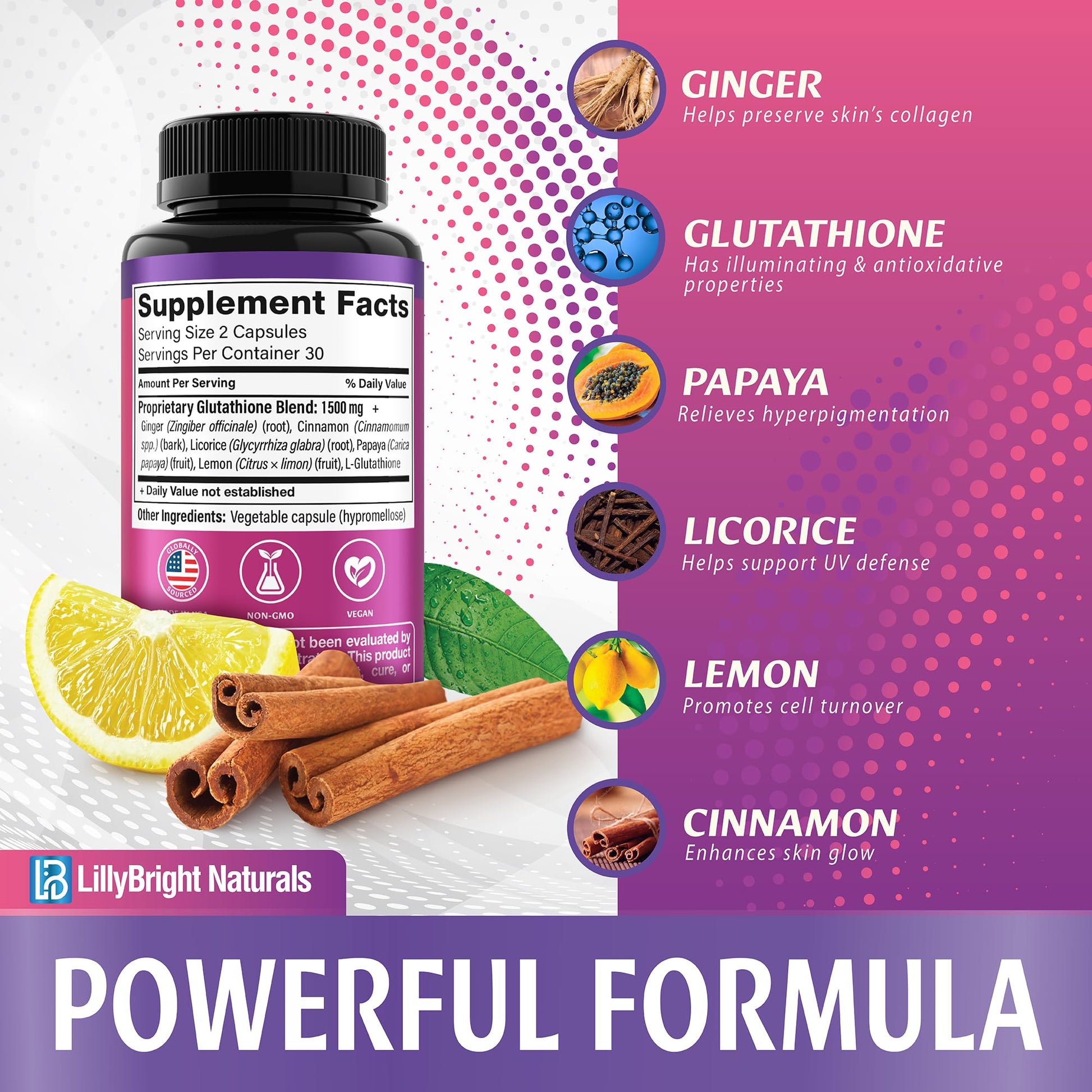 Glutathione Capsules - 1,500mcg L-Glutathione Supplement with Vitamin C - Skin Tone Enhancer - Targets Dark Spots & Acne Marks - Antioxidant Supplement for Beauty & Health Support - 60 Skin Pills LB LILLYBRIGHT NATURALS uk supplements