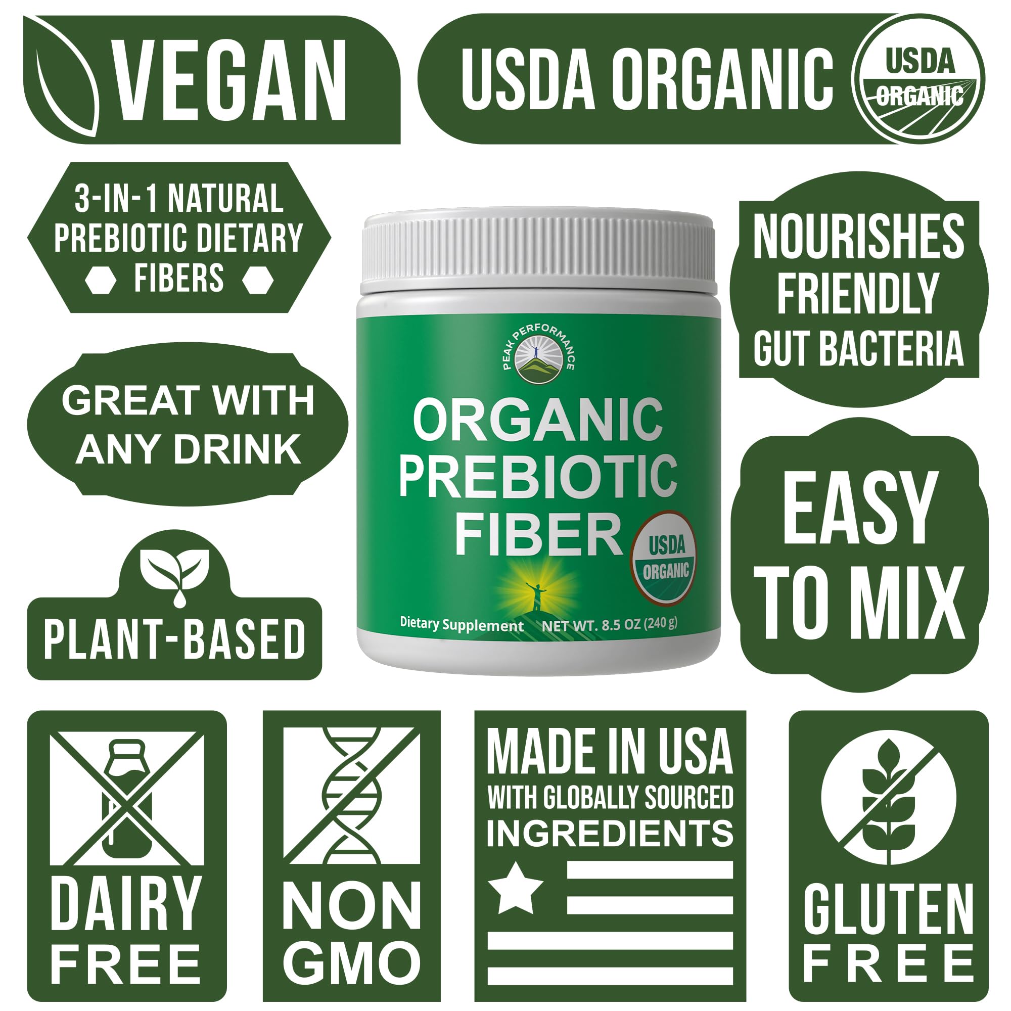 USDA Organic Prebiotic Fiber 3-in-1 Vegan Powder for Gut Health. Raw Whole Food Plant Based Prebiotics Digestive Supplement with Organic Inulin (Jerusalem Artichoke), Acacia Fibers, SunFiber Peak Performance uk supplements