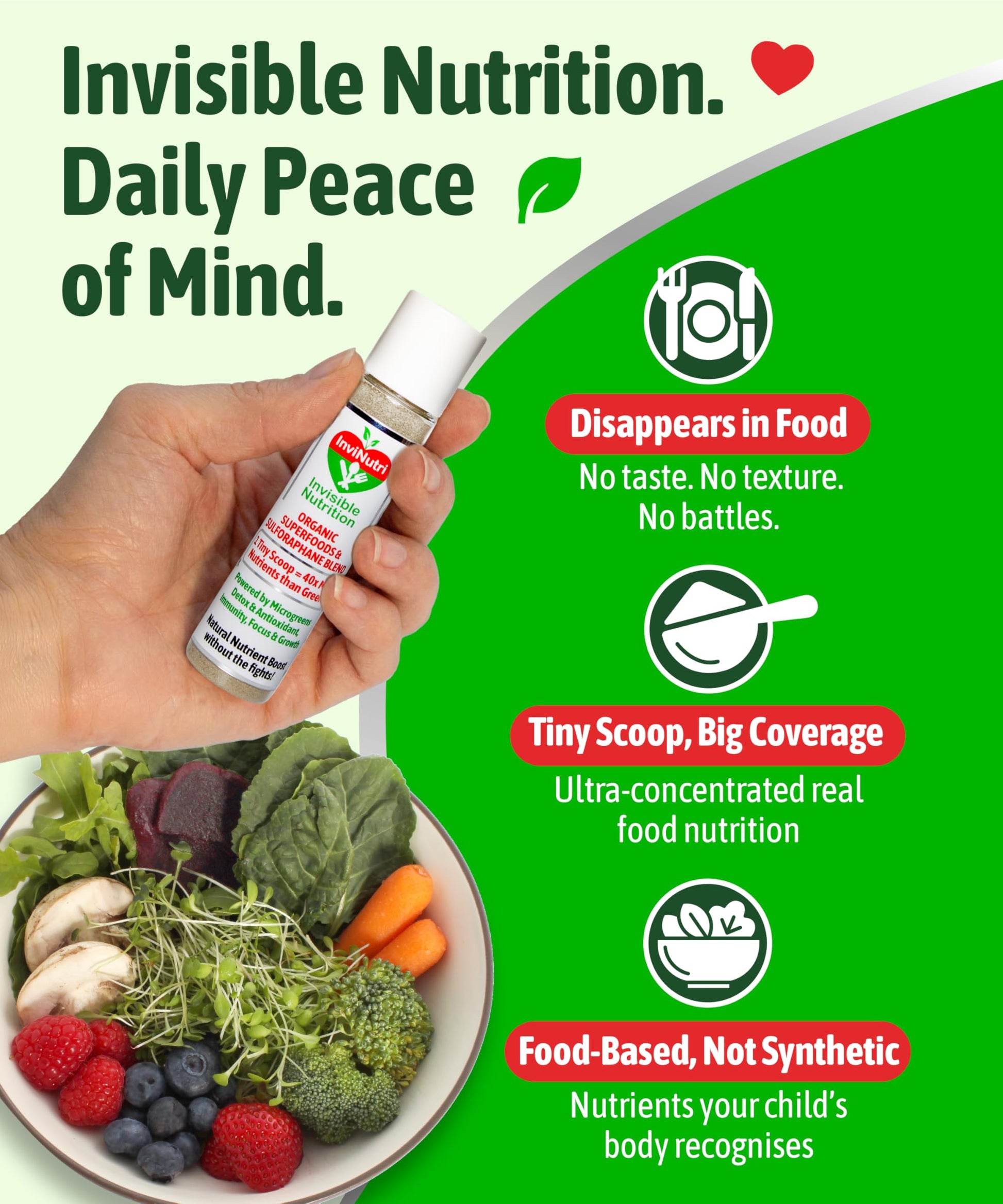 InviNutri Superfood Powder for Sensory & Picky Eaters. A TINY scoop- 40x Nutrient-Rich, 30mg Sulforaphane for Detox. Organic Microgreens, Fruits & Veggies - Blends Invisibly into Most Meals - 24 serv. InviNutri Invisible Nutrition uk supplements