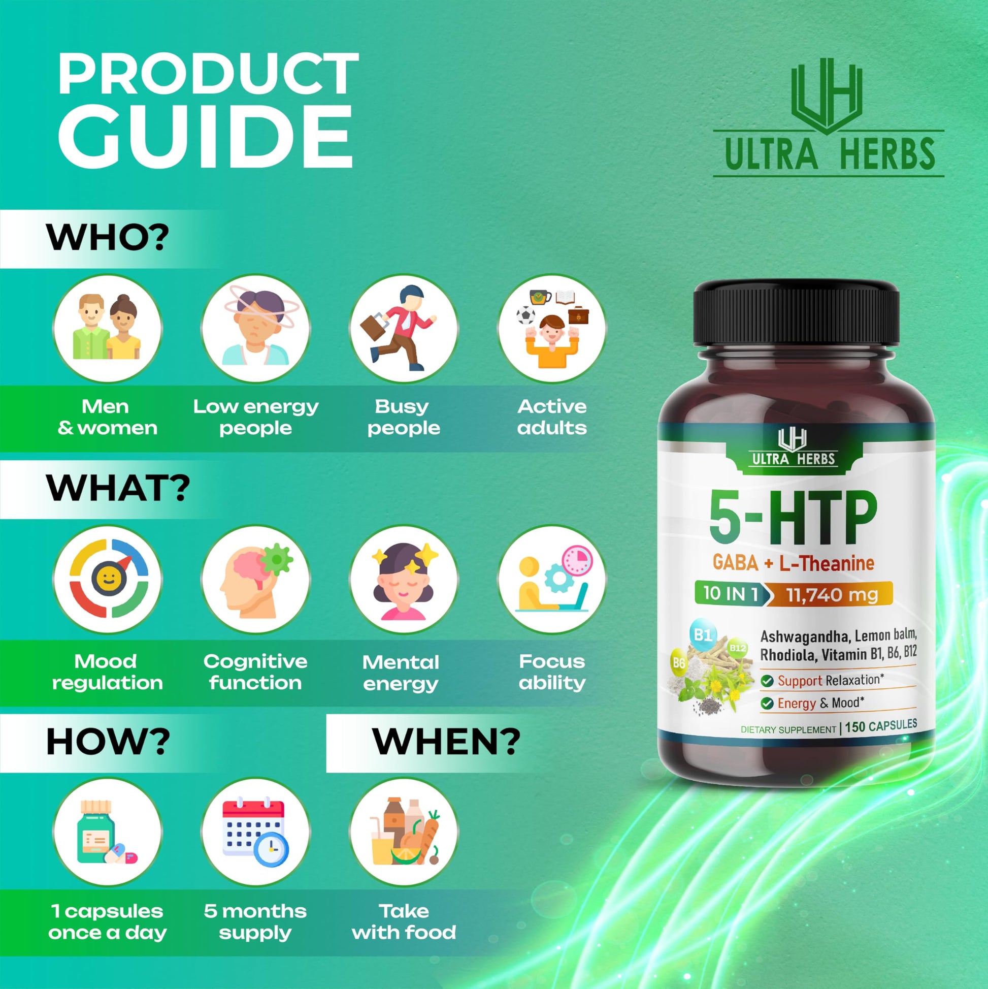 5-HTP Supplement 11,740mg 10 in 1 with GABA, L-Theanine, Ashwagandha, Rhodiola ULTRA HERBS uk supplements