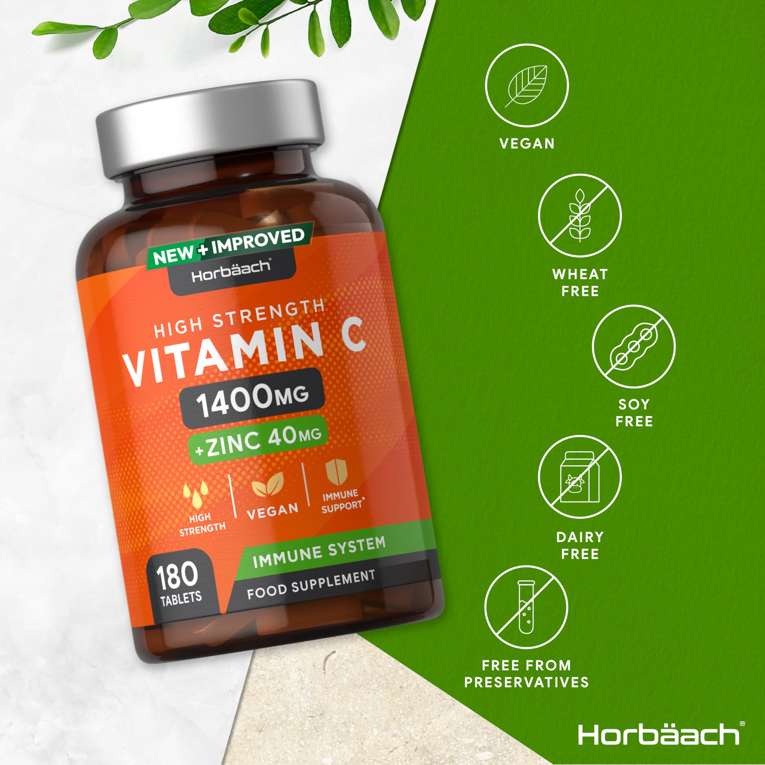 Vitamin C and Zinc | 180 Vegan Tablets | High Strength Vitamin C 1400mg and Zinc 40mg Horbäach uk supplements