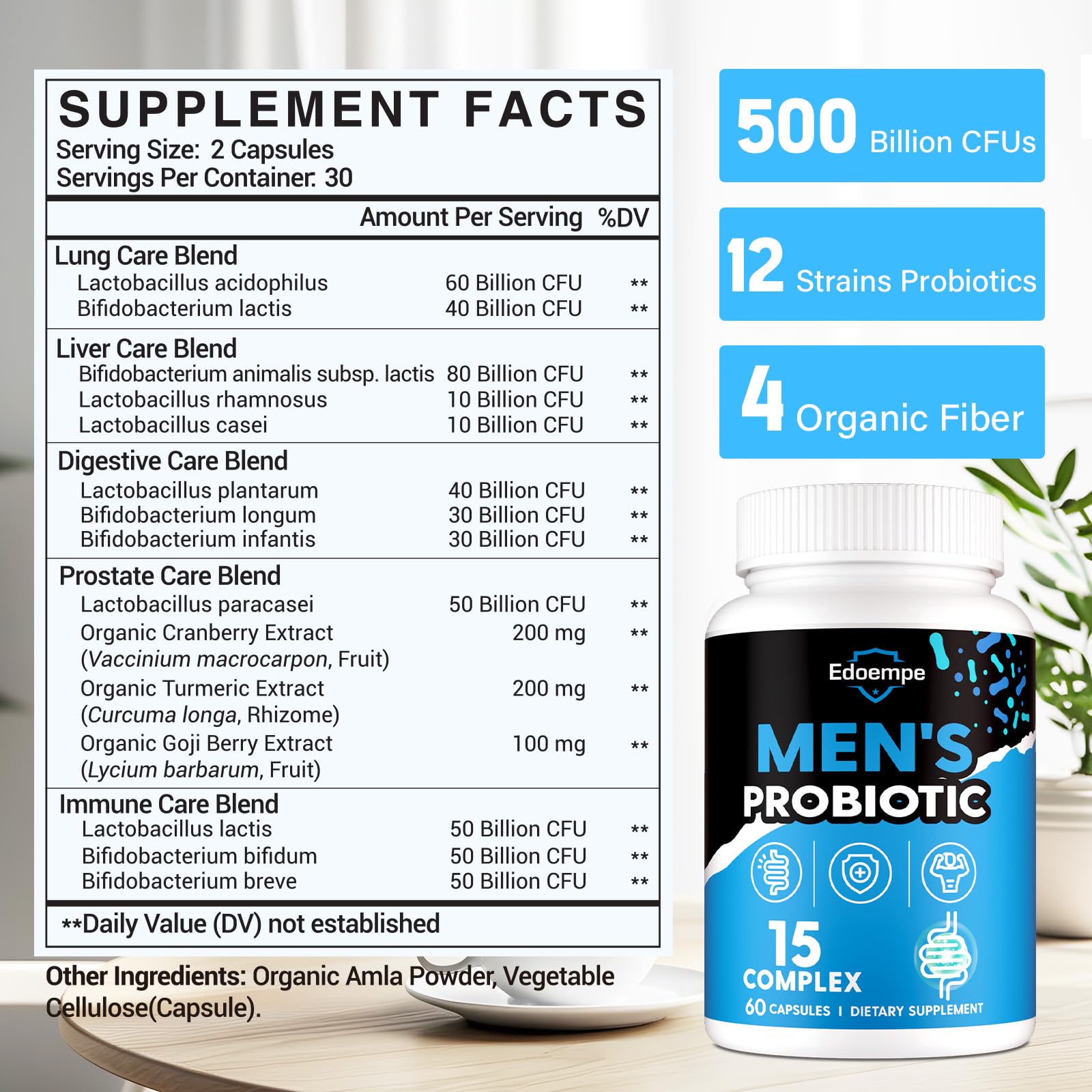 Probiotics for Men, 500 Billion CFUs 12 Strains, Mens Probiotics for Gut Health*, Digestive Health*, Energy, Prostate & Urinary Tract*, with Cranberry, Goji, Turmeric & Amla, Shelf Stable, 60 Caps Edoempe uk supplements